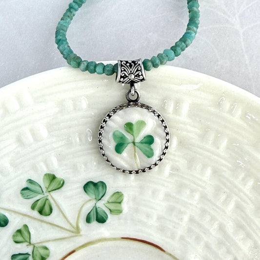 One-of-a-Kind Necklace, Irish Belleek Shamrock Jewelry, Sterling Silver and Amazonite