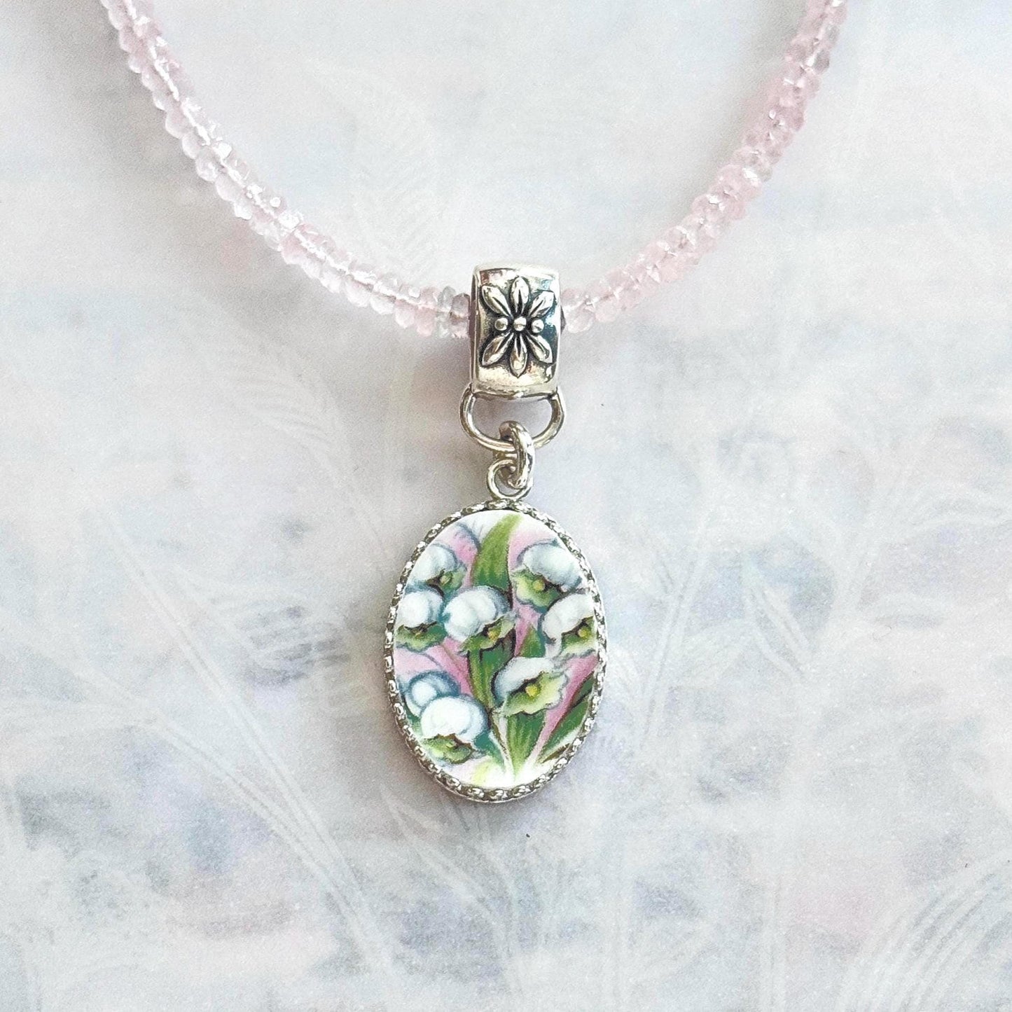 Adjustable Lily of the Valley Necklace, 20th Anniversary Gift for Wife, Rose Quartz & Sterling Silver Broken China Jewelry