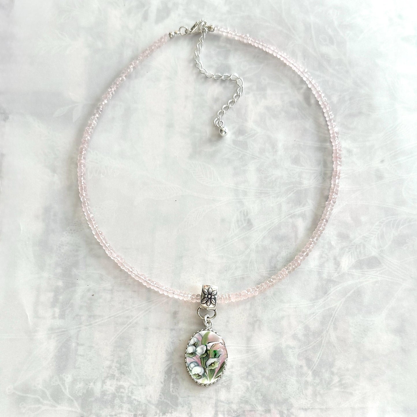 Adjustable Lily of the Valley Necklace, 20th Anniversary Gift for Wife, Rose Quartz & Sterling Silver Broken China Jewelry