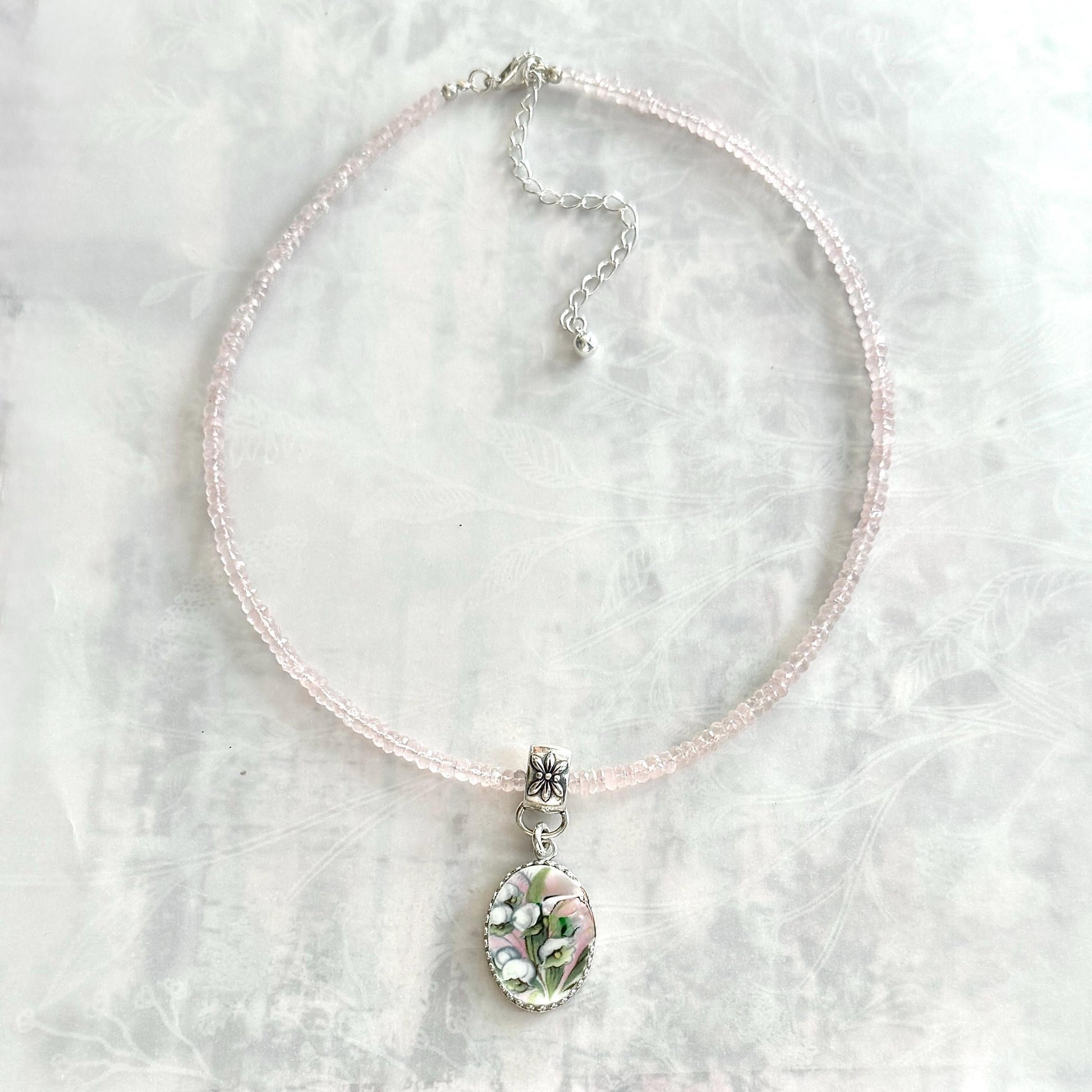 Adjustable Lily of the Valley Necklace, 20th Anniversary Gift for Wife, Rose Quartz & Sterling Silver Broken China Jewelry