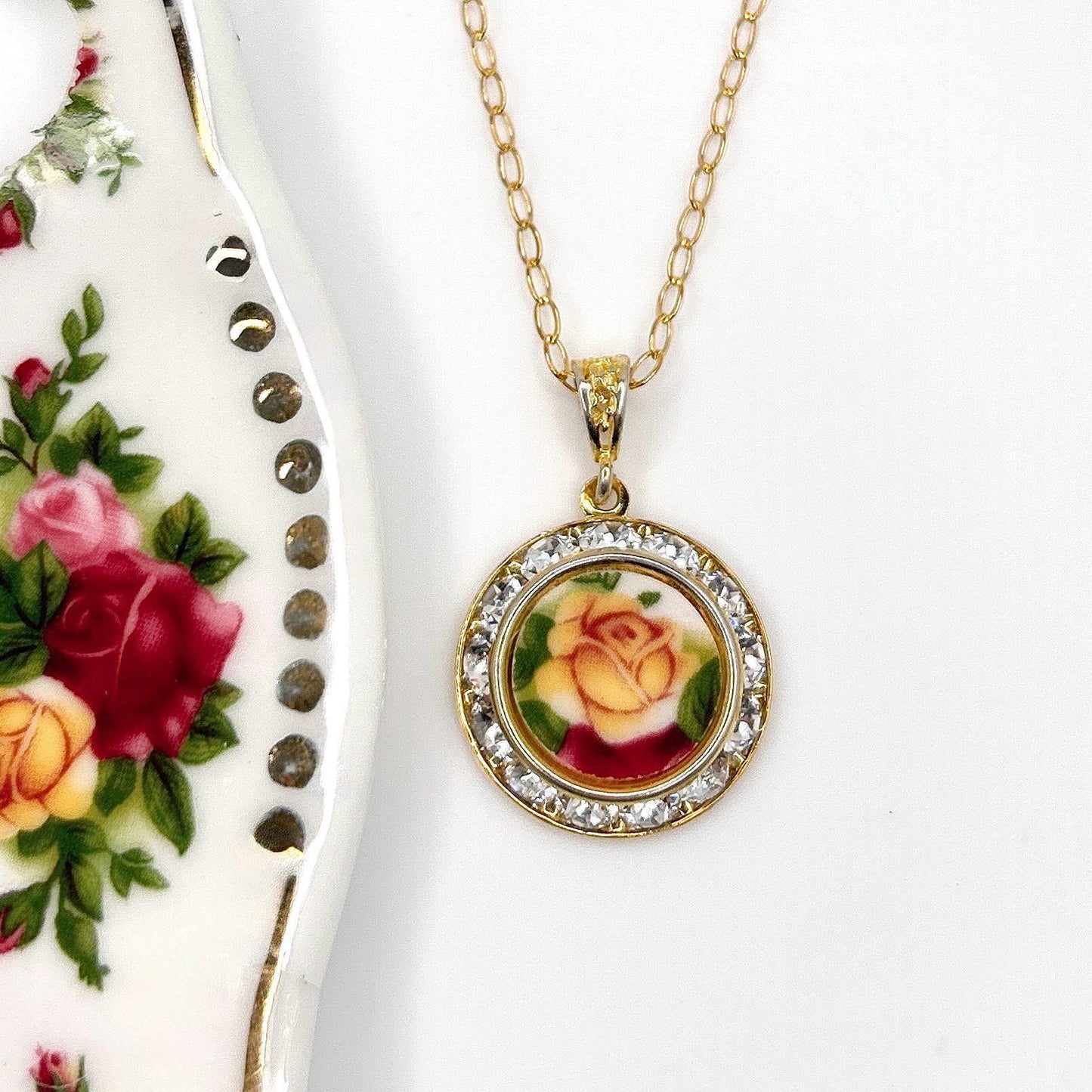 One-of-a-Kind 20th Anniversary Gift, Yellow Rose Crystal Necklace, Gold Broken China Jewelry