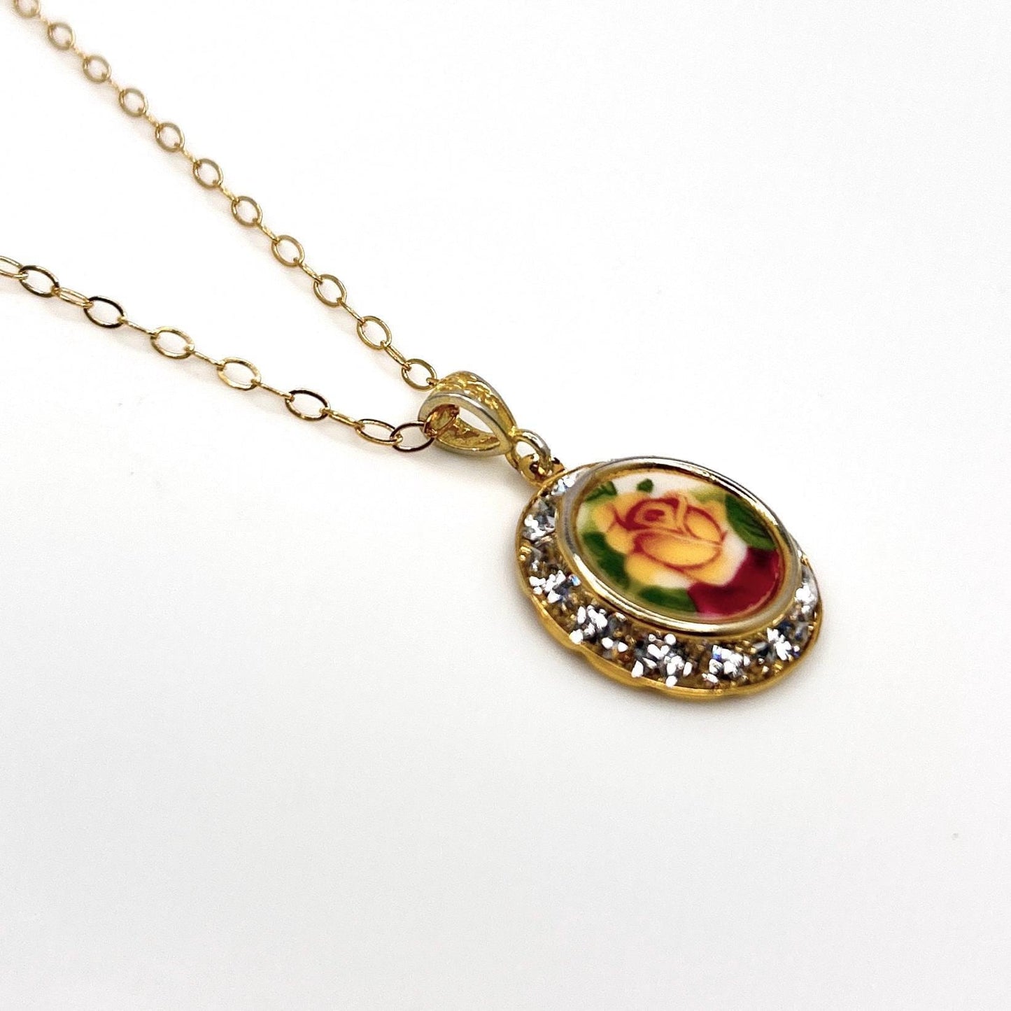 One-of-a-Kind 20th Anniversary Gift, Yellow Rose Crystal Necklace, Gold Broken China Jewelry
