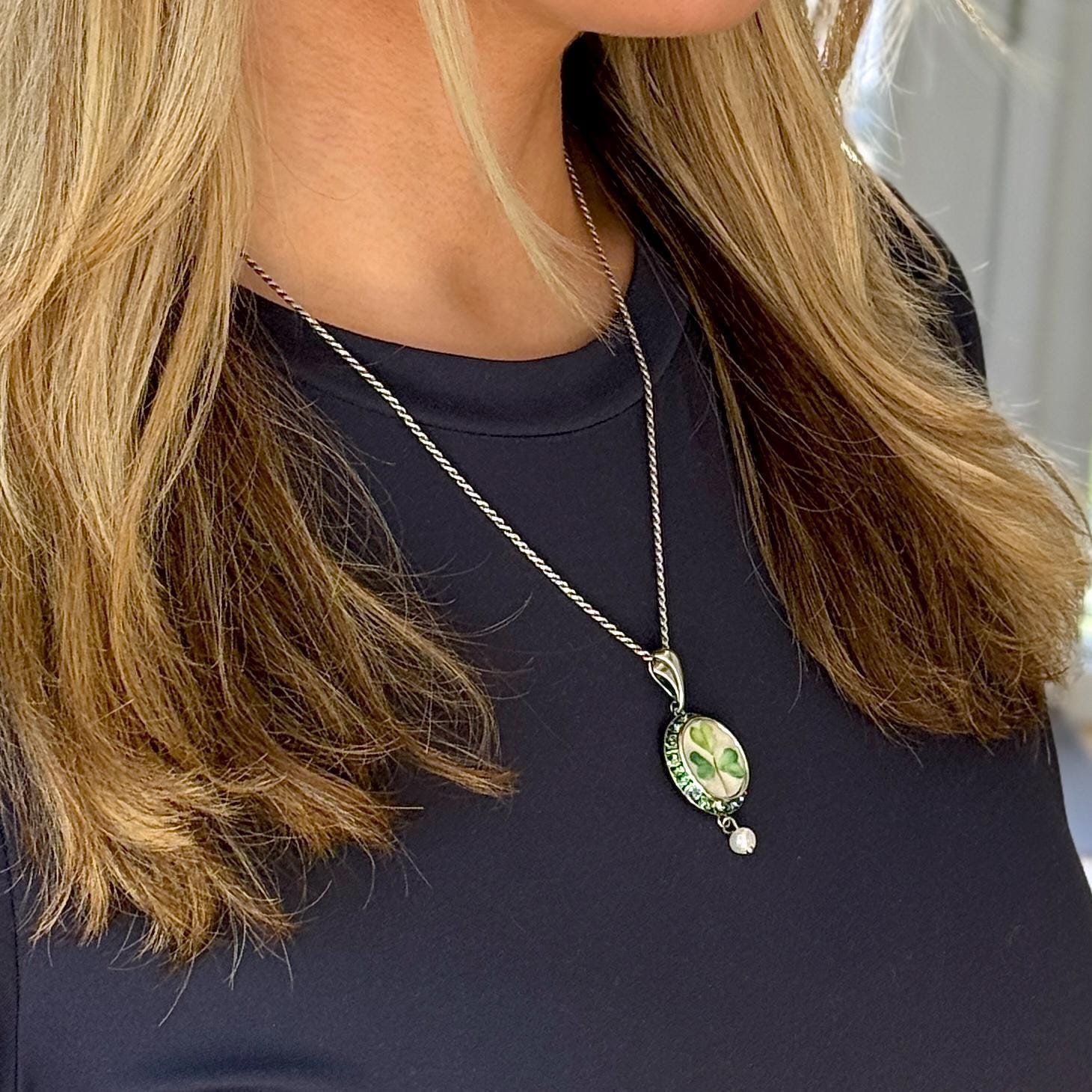 Crystal & Pearl Shamrock Necklace, Repurposed Irish Belleek Jewelry, Celtic Gifts for Women