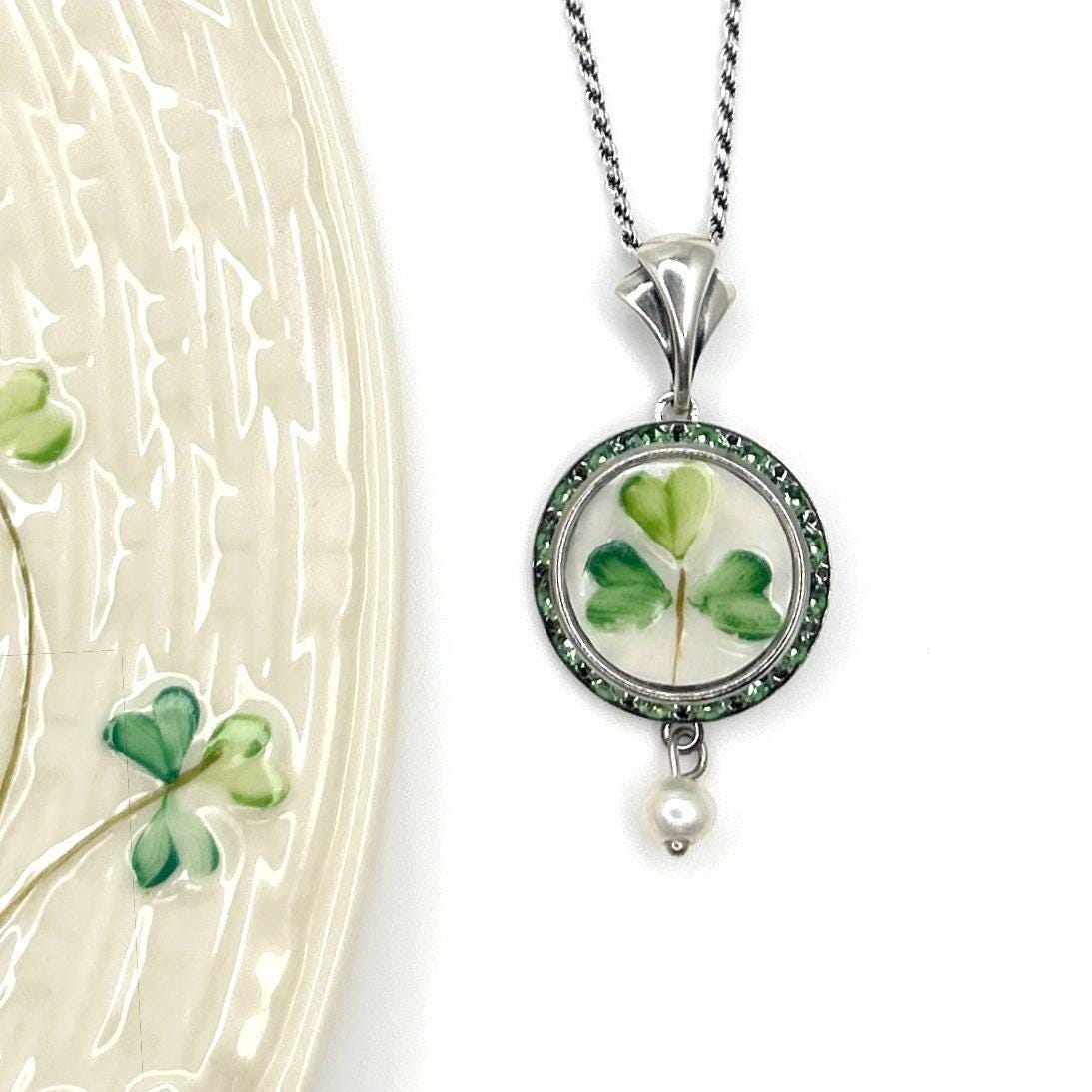 Crystal & Pearl Shamrock Necklace, Repurposed Irish Belleek Jewelry, Celtic Gifts for Women