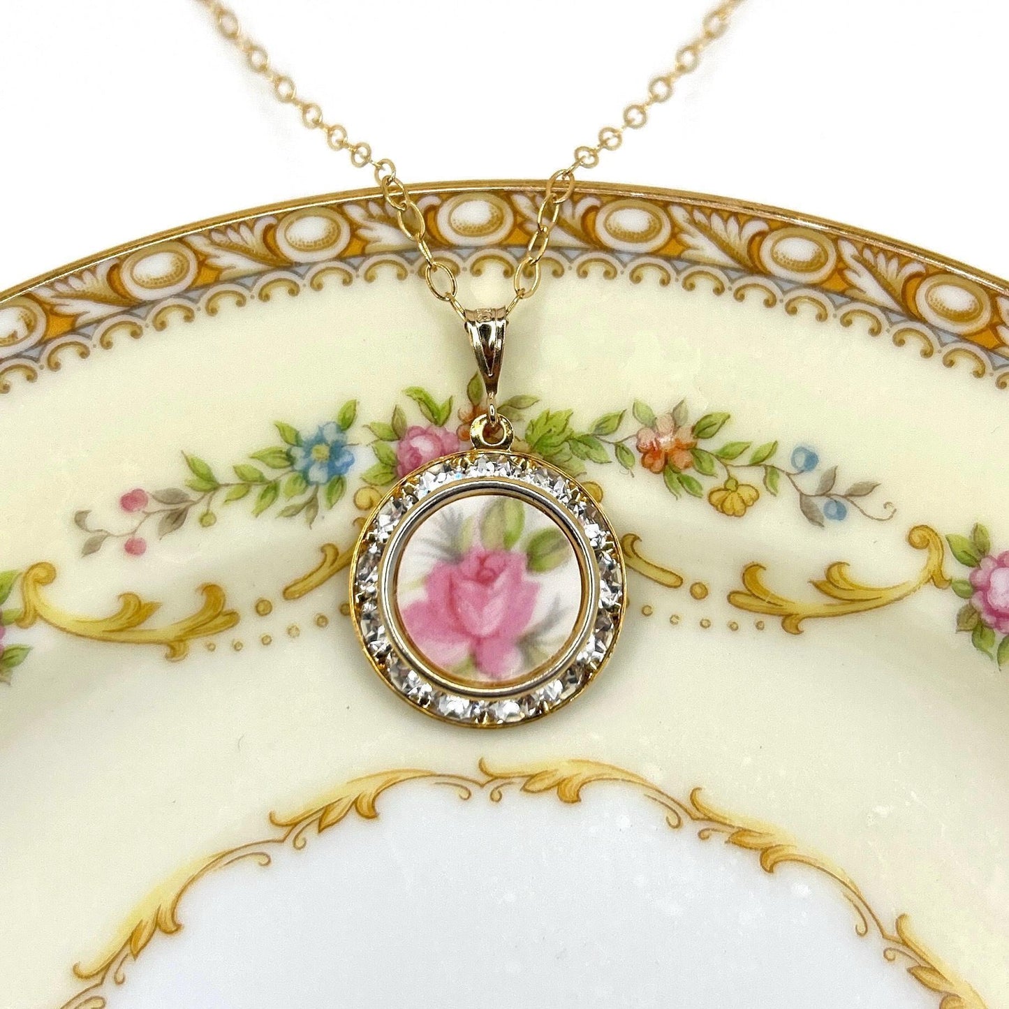 One-of-a-Kind 18th Anniversary Gift for Wife, Dainty Gold Crystal Porcelain Necklace