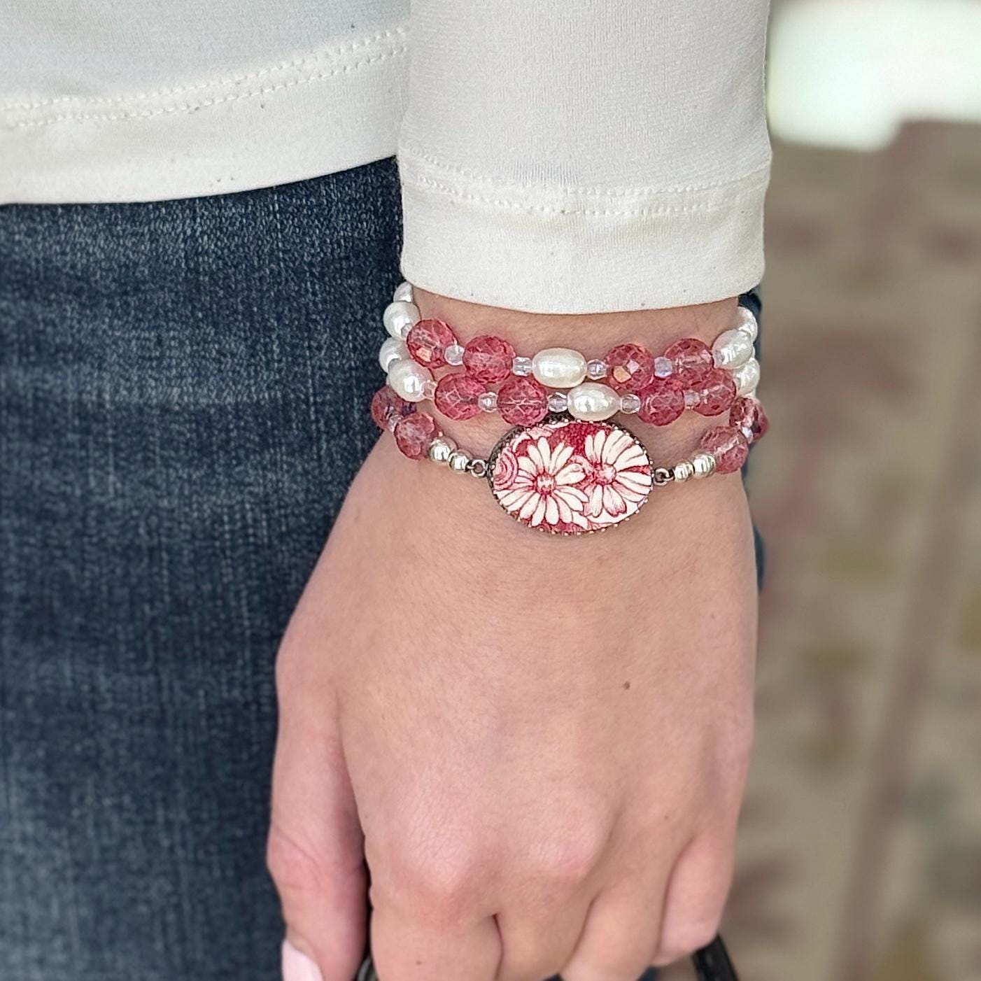 Strawberry Fair Beaded Wrap Bracelet, Vintage Broken China Jewelry,Rose Quartz & Pearl Bracelet