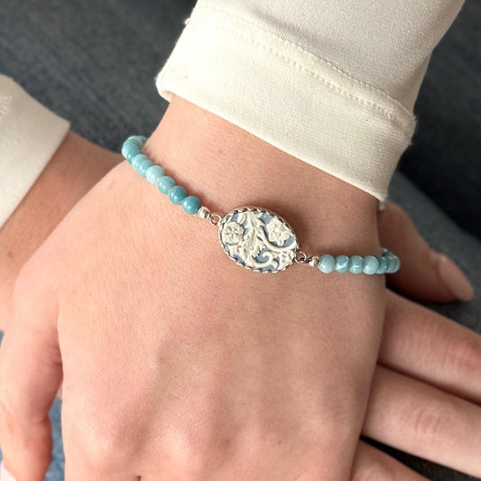 Blue Wedgwood Jewelry, Adjustable Sterling Silver Bracelet, Natural Aquamarine Gemstones