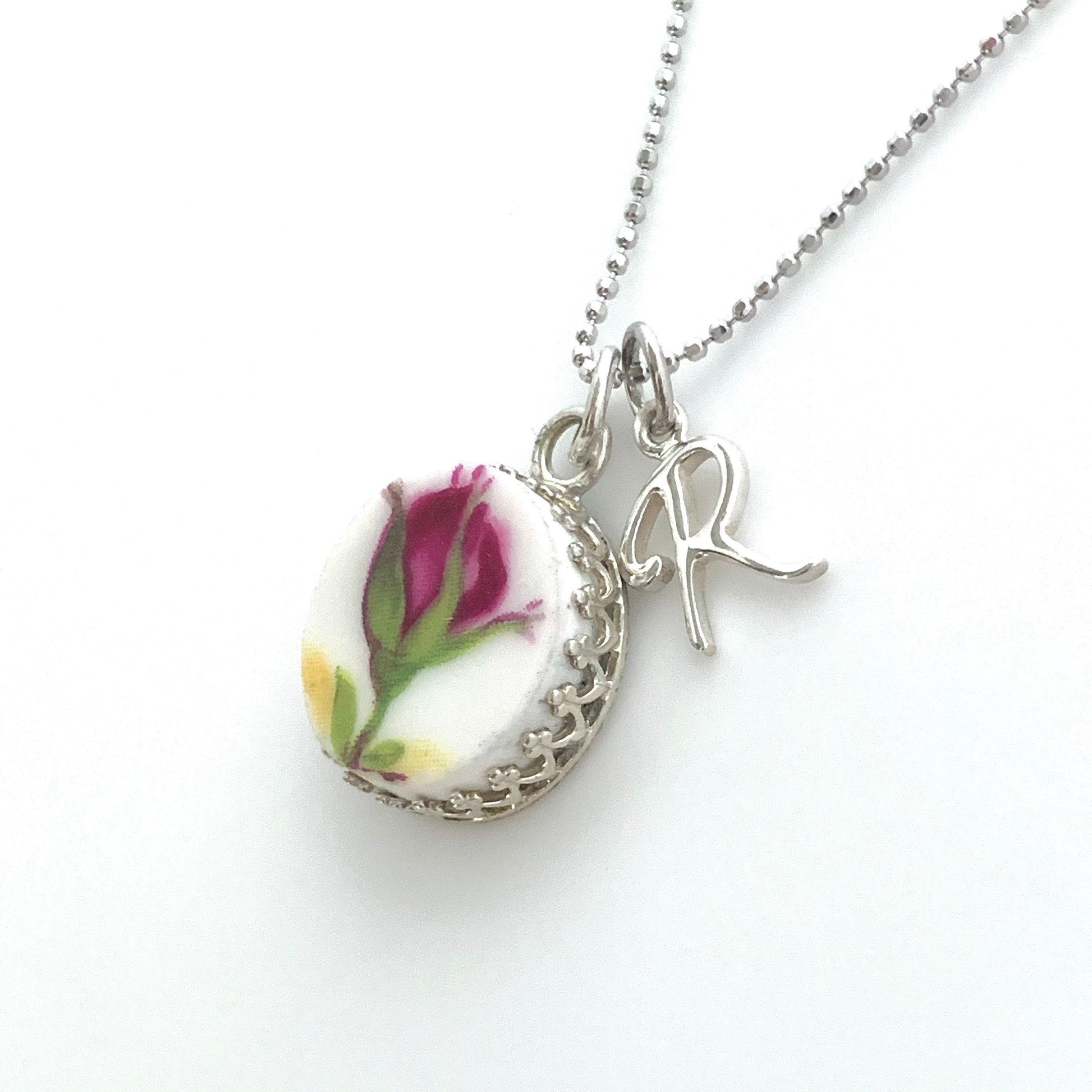 20th Anniversary China Gift, Adjustable Red Rose Initial Necklace, Personalized Gift for Wife