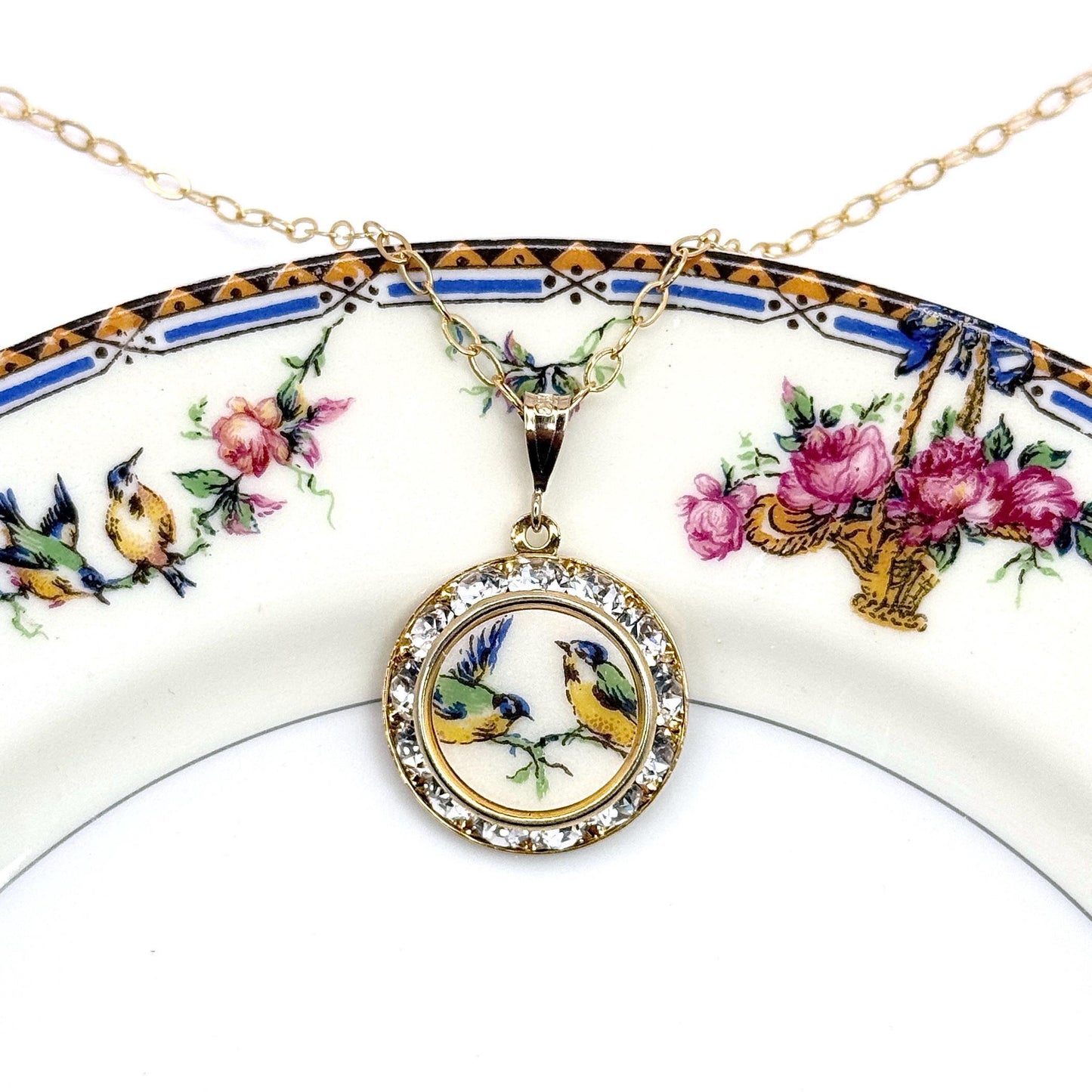 Romantic 18th Anniversary Gift for Wife, Love Birds Crystal Necklace, Dainty Porcelain Jewelry