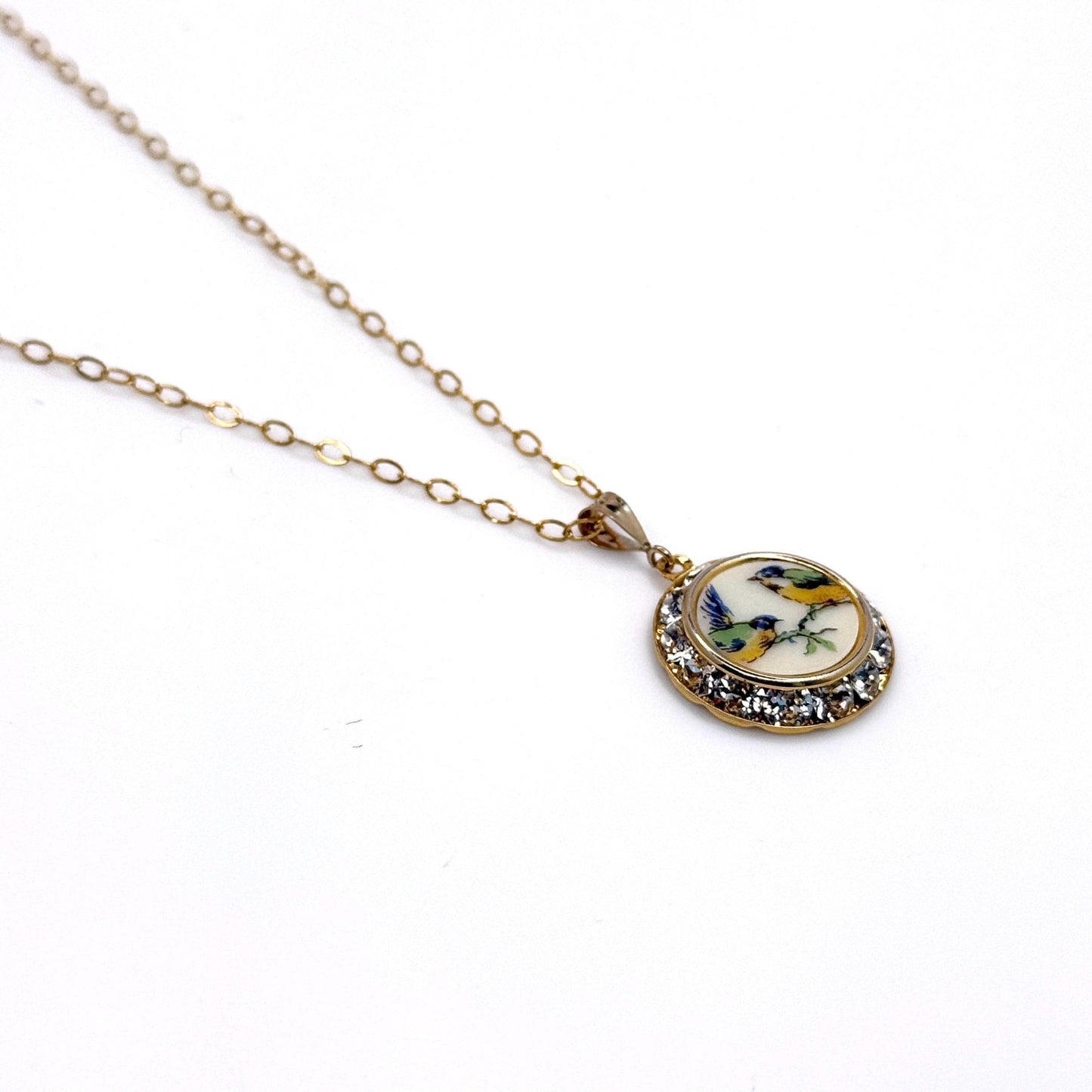 Romantic 18th Anniversary Gift for Wife, Love Birds Crystal Necklace, Dainty Porcelain Jewelry
