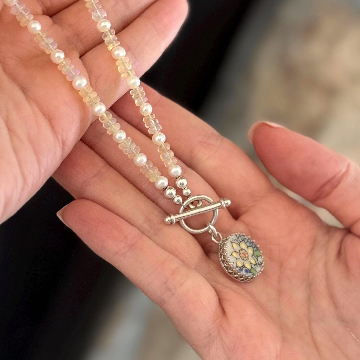 One-of-a-Kind Opal Necklace, Sunflower Jewelry, Gifts for Wife, 18th Anniversary Porcelain Gifts