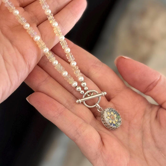 One-of-a-Kind Opal Necklace, Sunflower Jewelry, Gifts for Wife, 18th Anniversary Porcelain Gifts