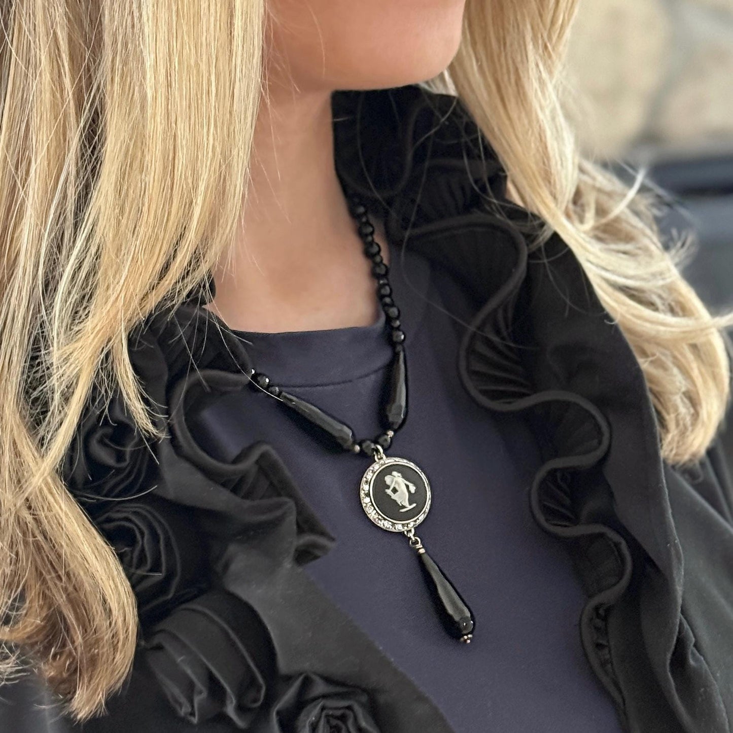 Wedgwood Angel Necklace, Black Onyx Statement Necklace, Victorian Cameo Jewelry
