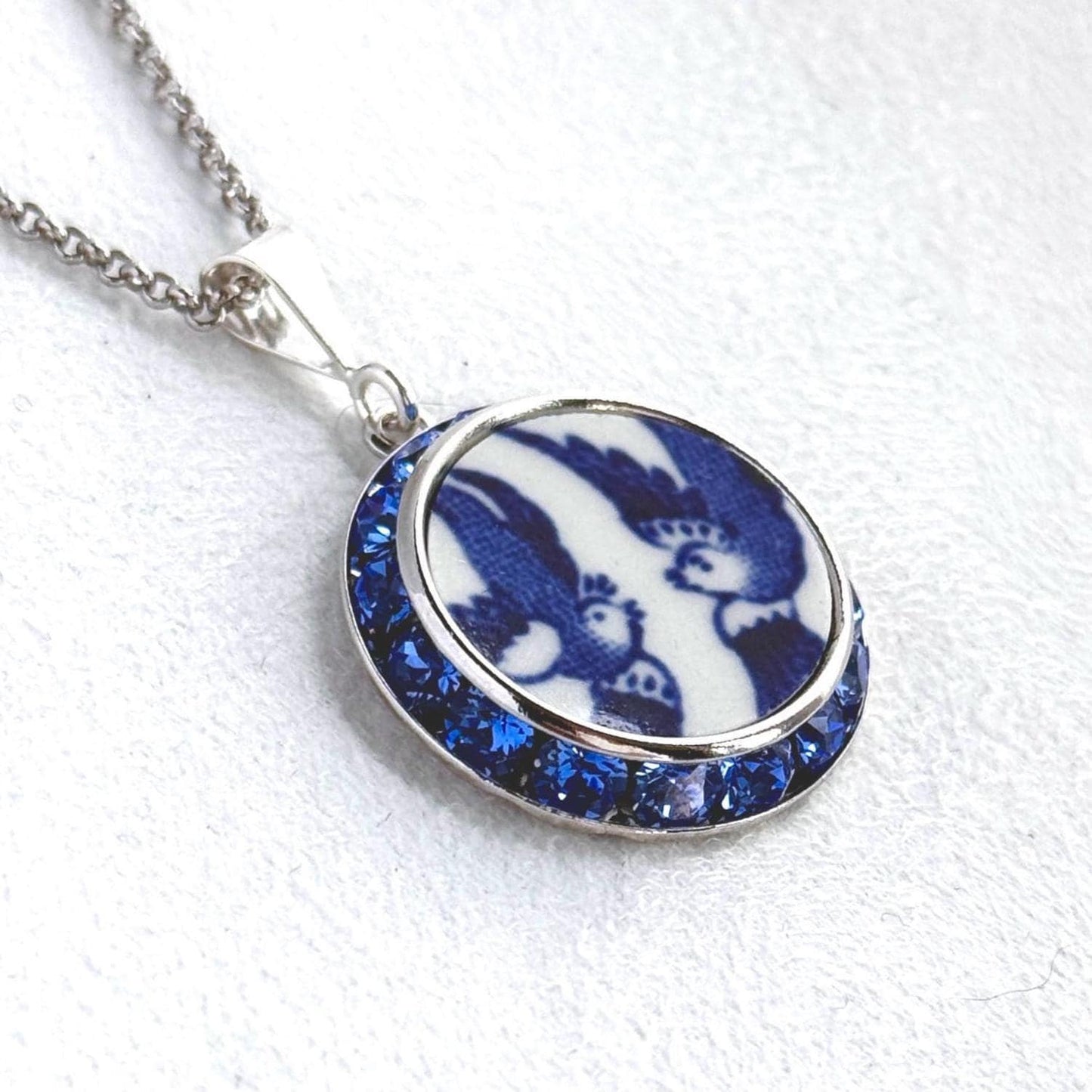 Love Birds China Necklace, Romantic 20th Anniversary Gift for Wife, Crystal Blue Willow Jewelry