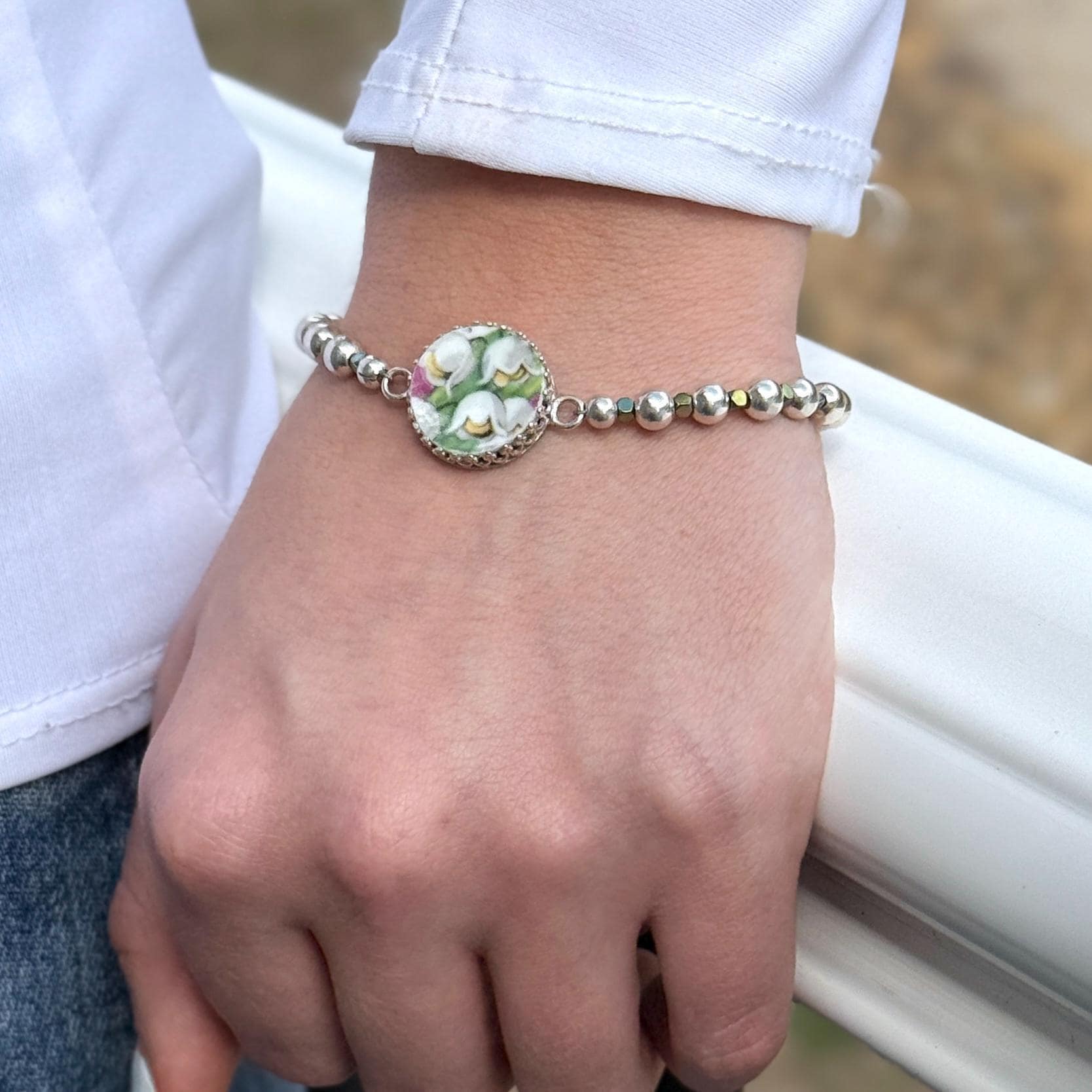 Lily of the Valley China Bracelet, Unique Gifts for Women, Sterling Silver Broken China Jewelry