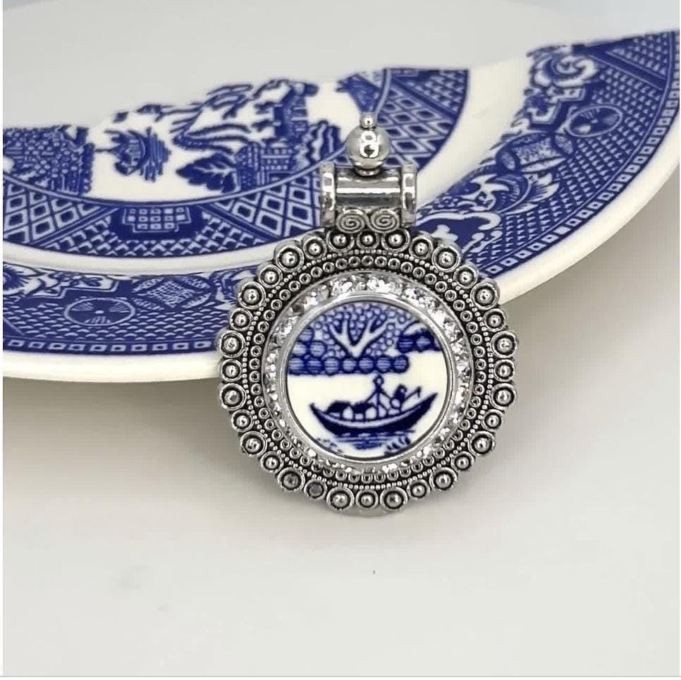 One-of-a-Kind Crystal Pendant, Blue Willow Broken China Jewelry, Nautical Boat Jewelry