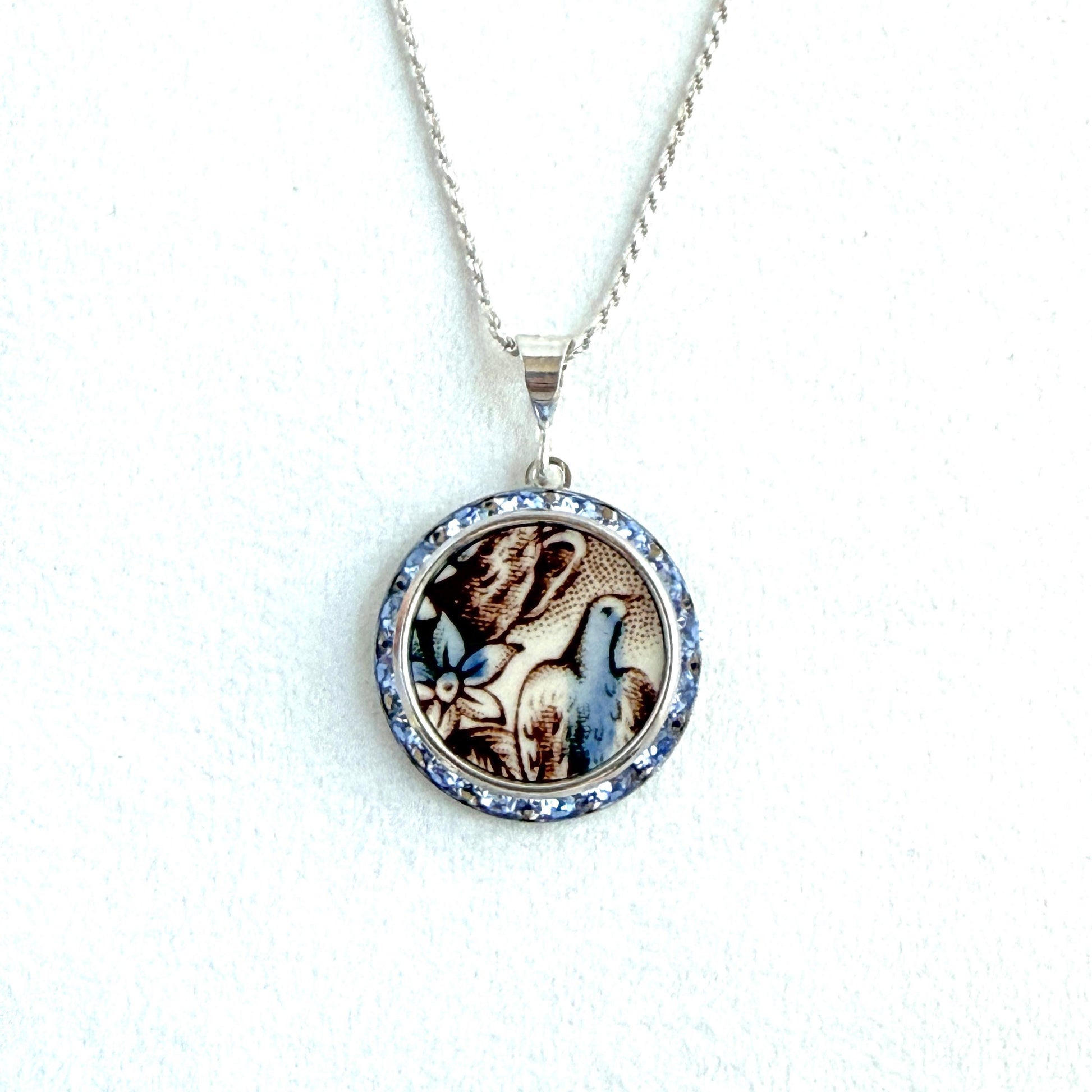 One-of-a-Kind Victorian Bird Necklace, Antique Porcelain Crystal Jewelry, 18th Anniversary Gift for Wife