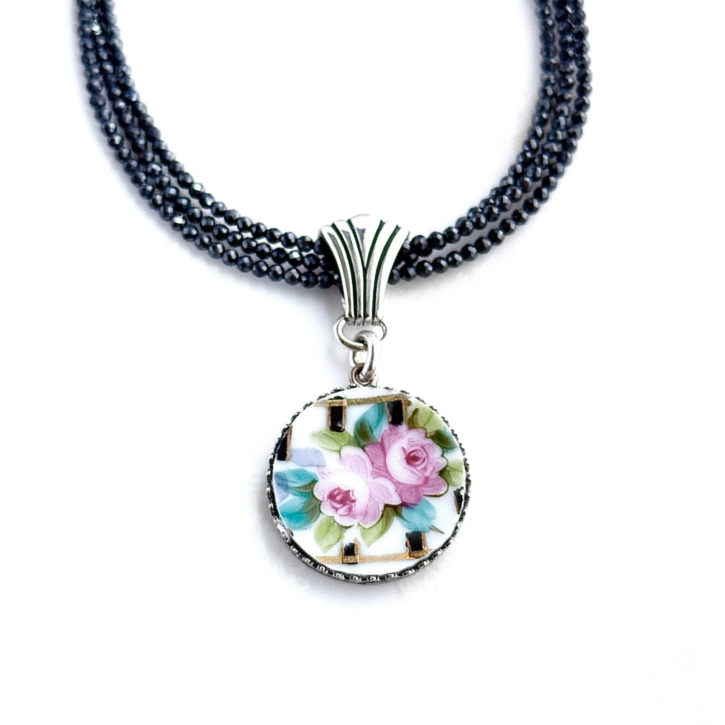 One-of-a-Kind Artisan Necklace, Broken China Statement Jewelry, Faceted Hematite Gemstones