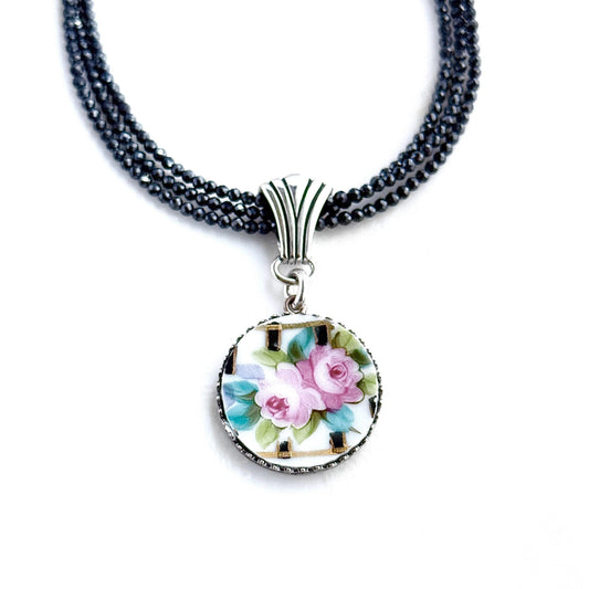 One-of-a-Kind Artisan Necklace, Broken China Statement Jewelry, Faceted Hematite Gemstones