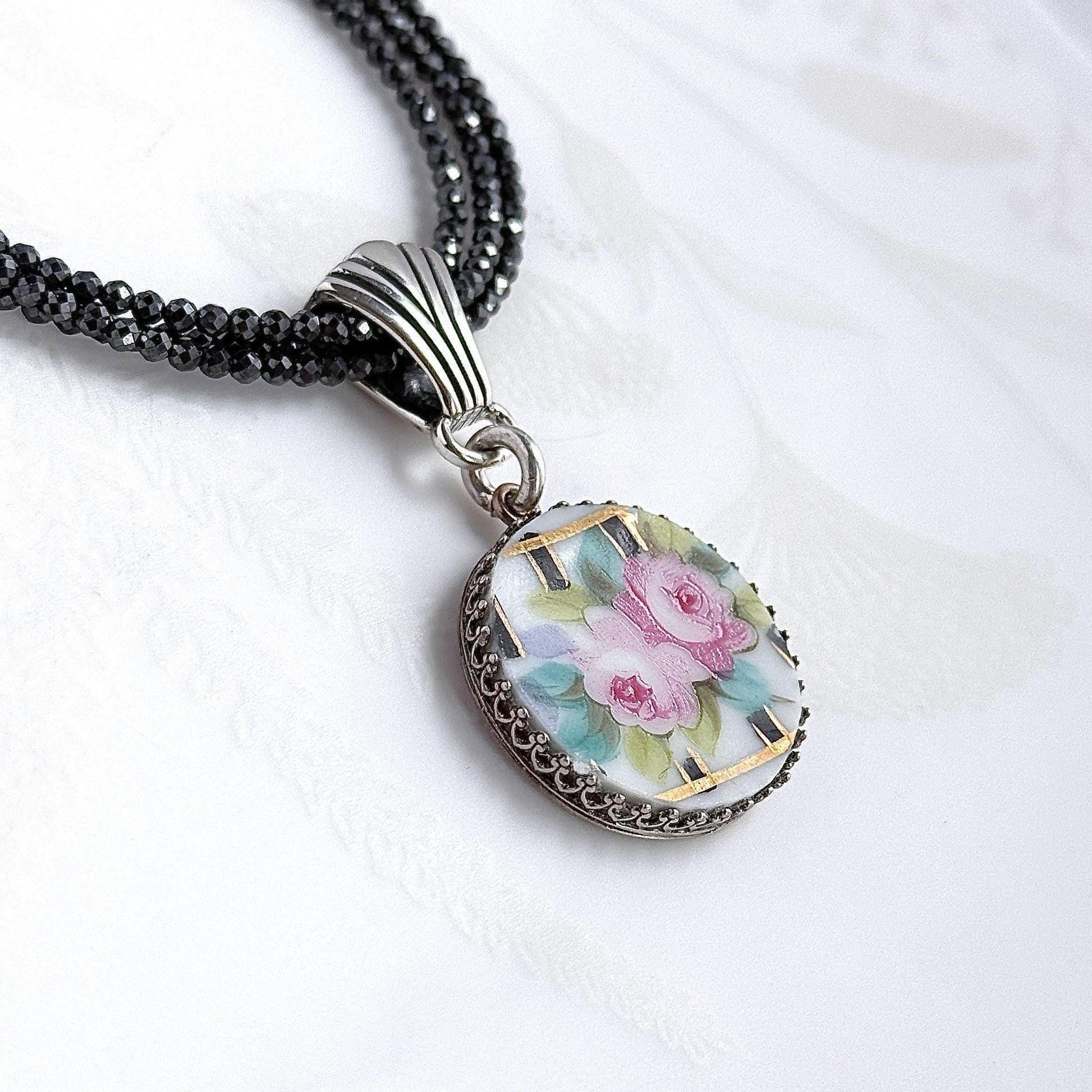 One-of-a-Kind Artisan Necklace, Broken China Statement Jewelry, Faceted Hematite Gemstones