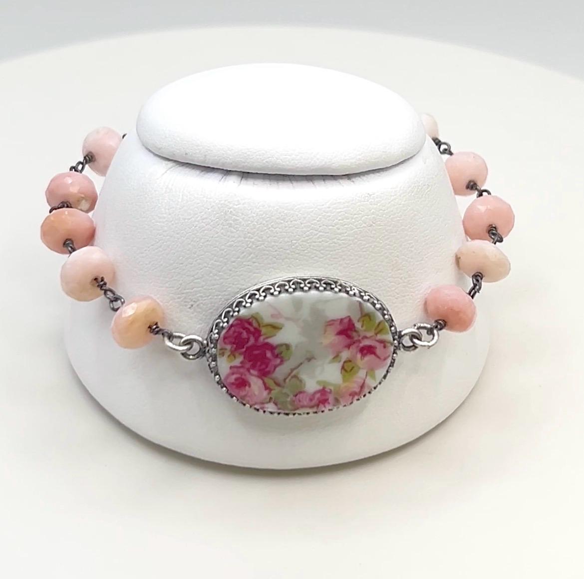 One-of-a-Kind Pink Opal Bracelet, Hand Painted French Limoges, Antique Porcelain Jewelry