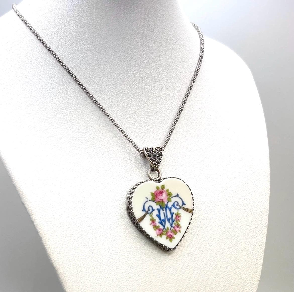 Romantic Jewelry Gift for Wife, Traditional 20th Anniversary Gift, VictorianHeart Necklace, Marcasite Gemstones