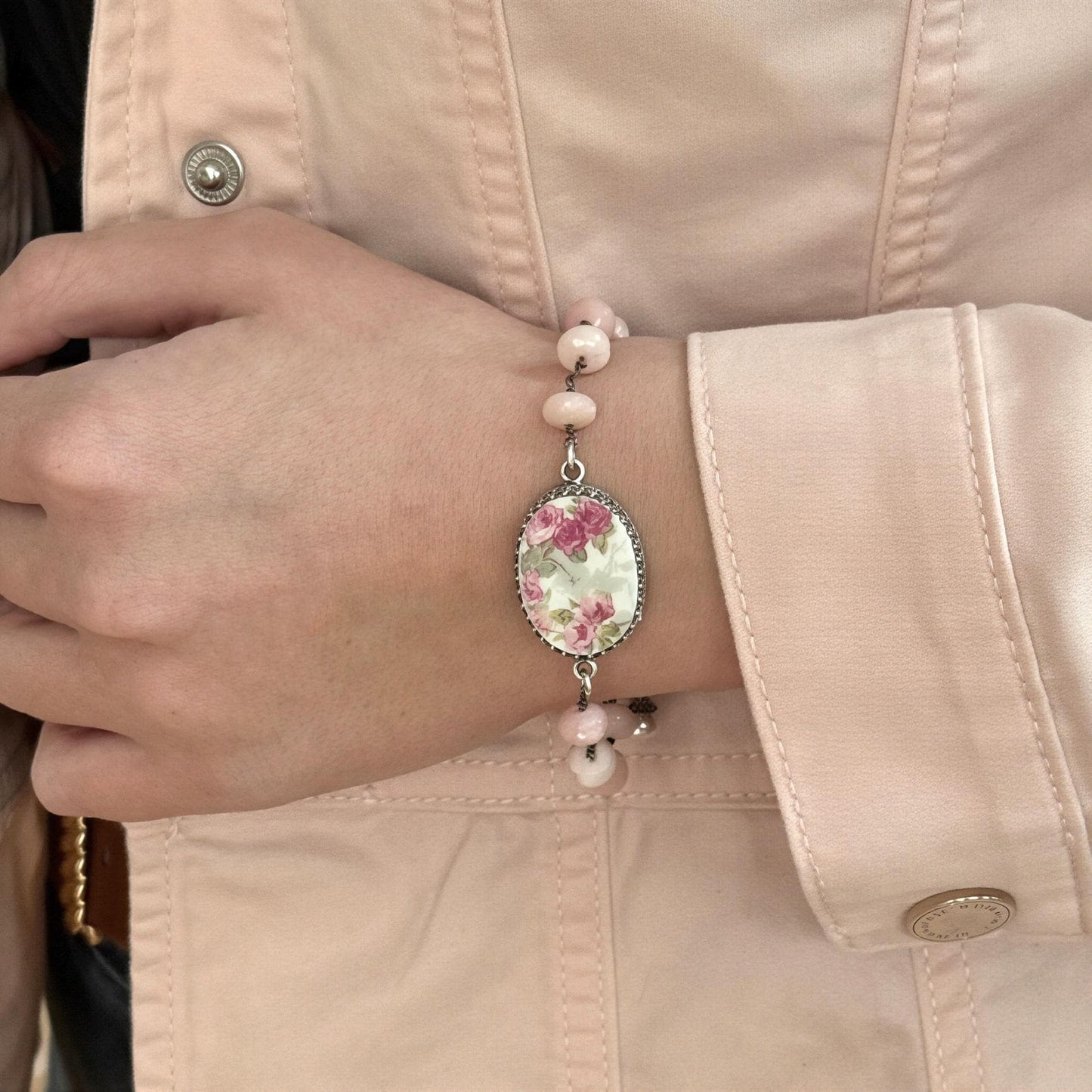 One-of-a-Kind Pink Opal Bracelet, Hand Painted French Limoges, Antique Porcelain Jewelry