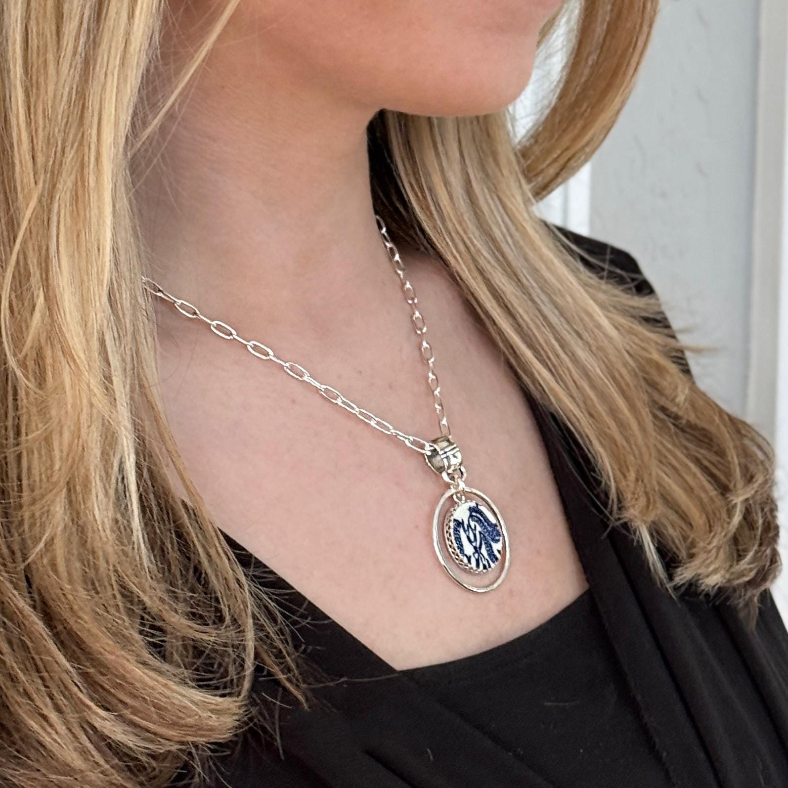 Repurposed Blue Willow China Tree Necklace, 9th Anniversary Gift for Wife, Hammered Sterling Silver