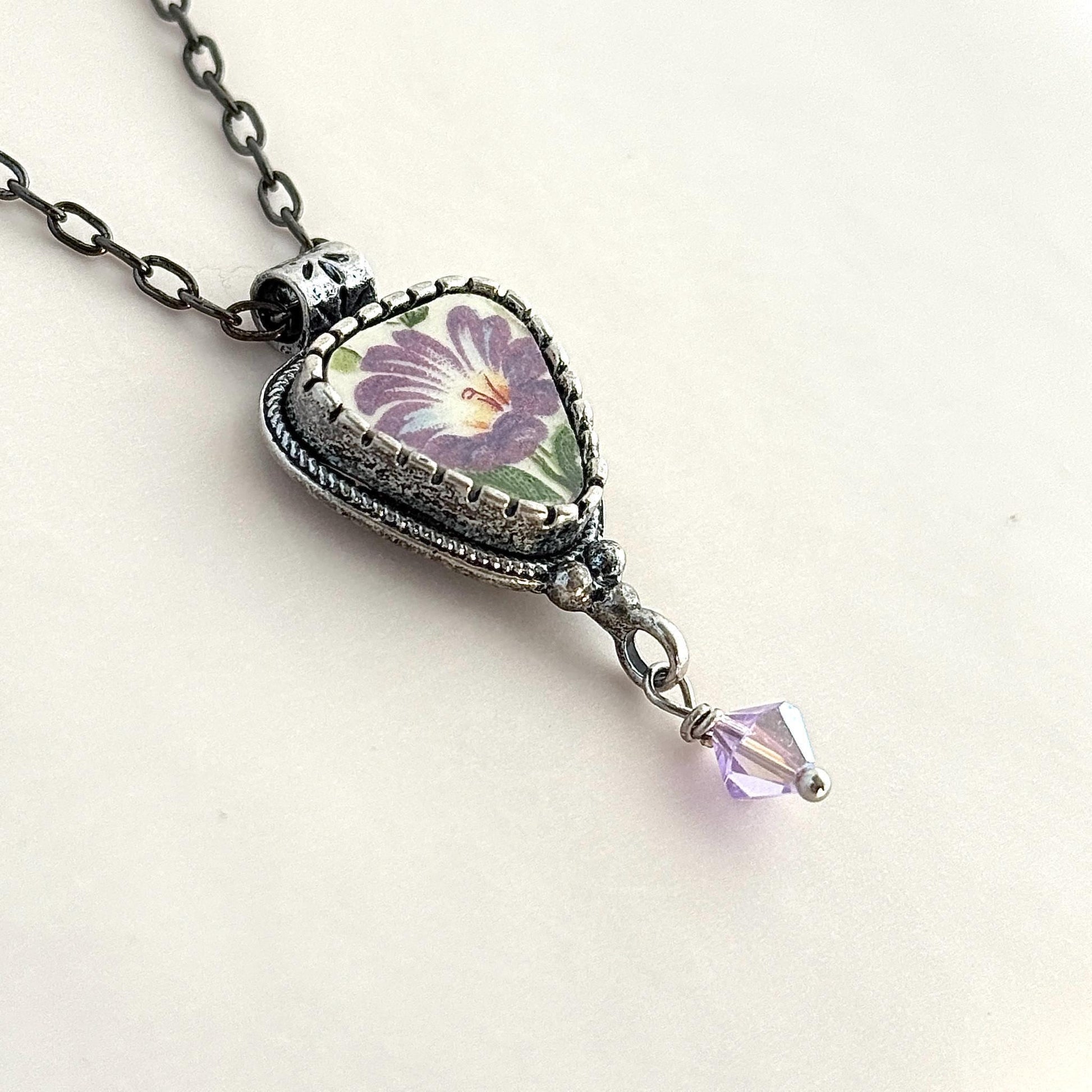 Purple Morning Glory Flower Necklace, Vintage Broken China Pendant, Repurposed Artisan Jewelry