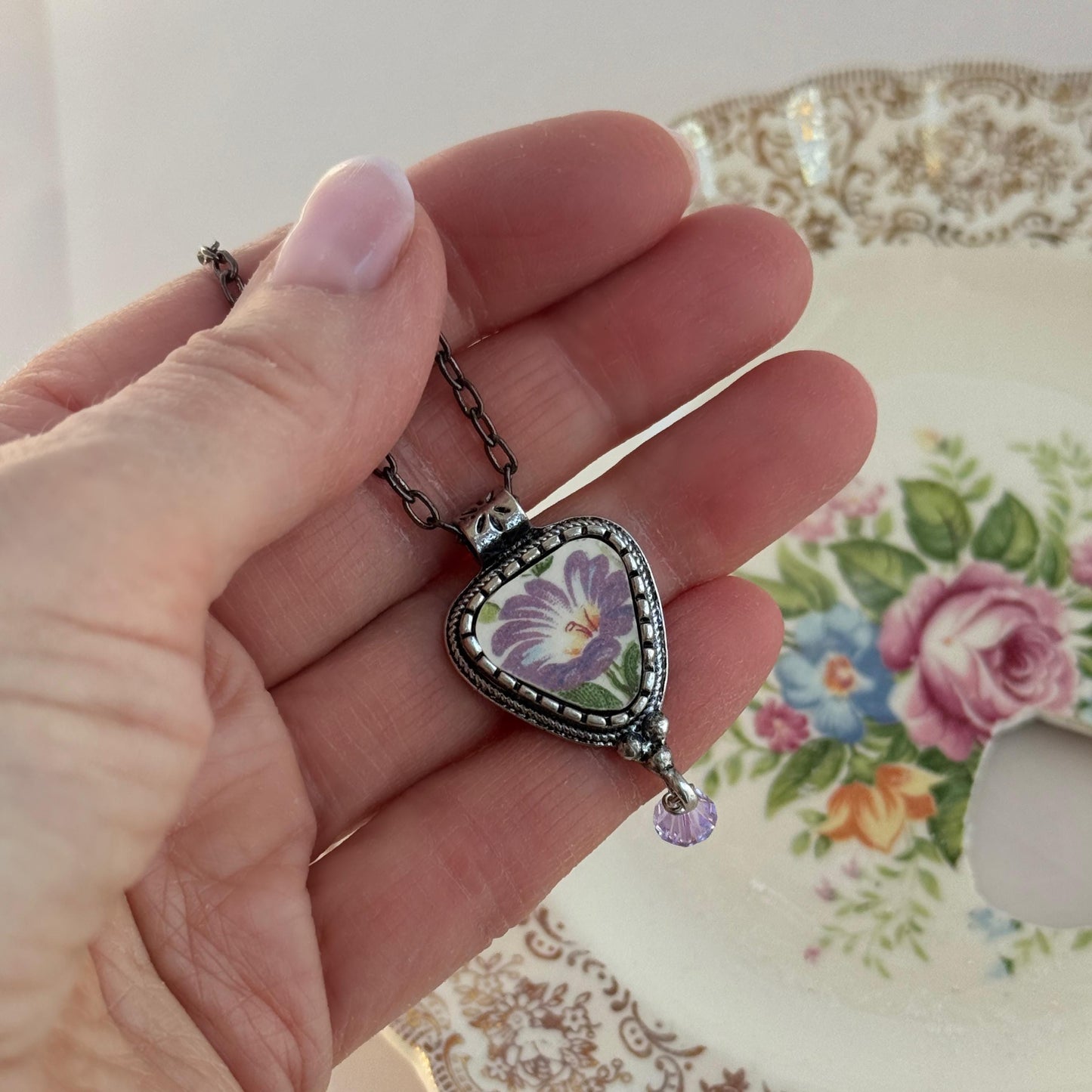 Purple Morning Glory Flower Necklace, Vintage Broken China Pendant, Repurposed Artisan Jewelry