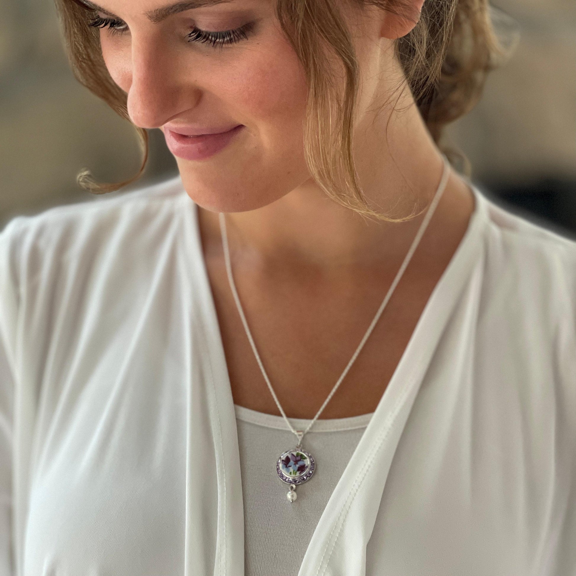 Purple Violet Crystal Necklace, Broken China Jewelry Pearl Pendant, Unique Anniversary Jewelry Gift