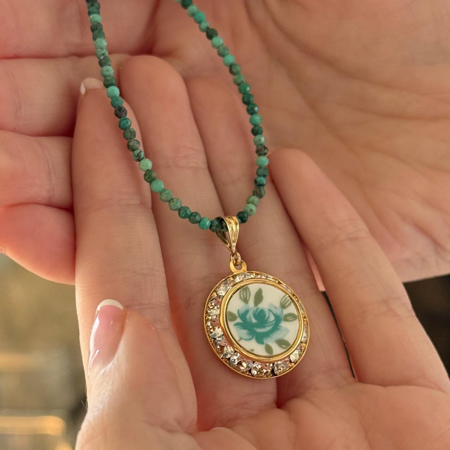 Unique 18th Anniversary Gift for Wife, Vintage Porcelain Turquoise Necklace, Gold Crystal Rose Necklace