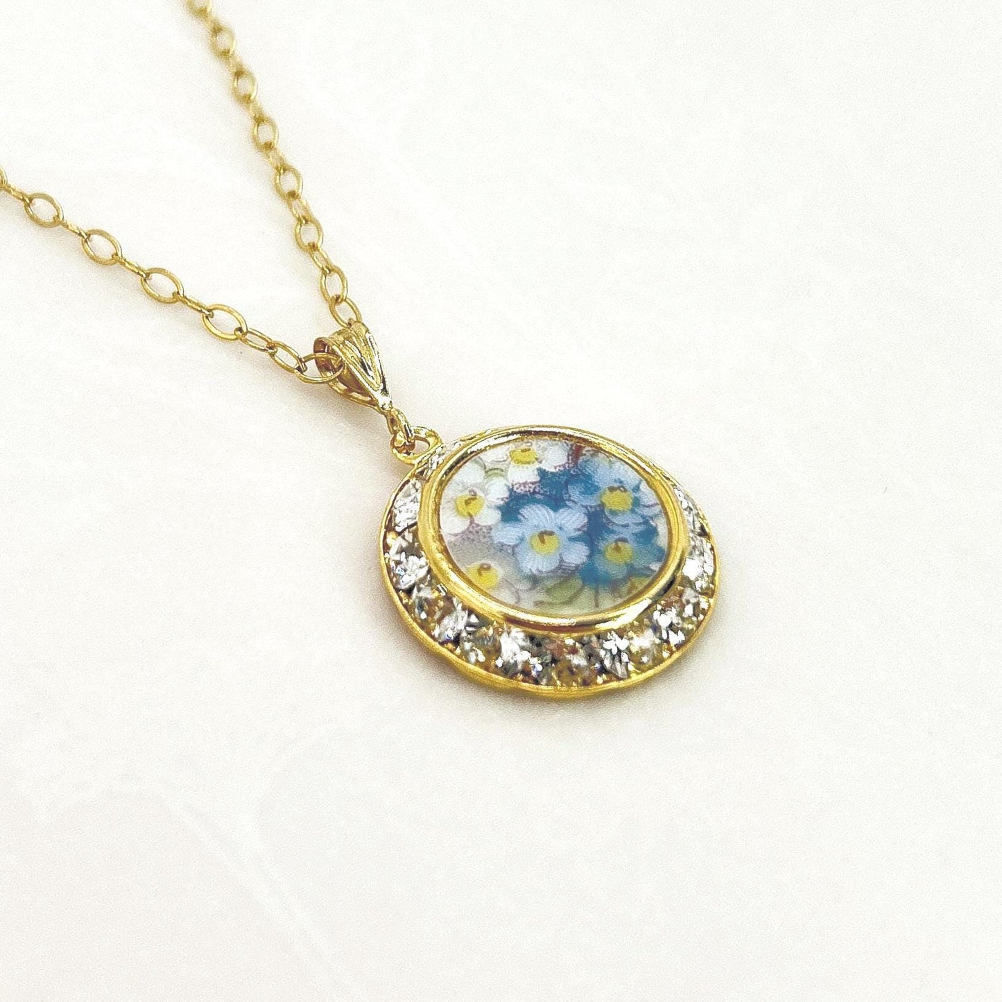 Forget Me Not Gold Necklace, Hand Painted Broken China Jewelry, 20th Anniversary Gift for Wife