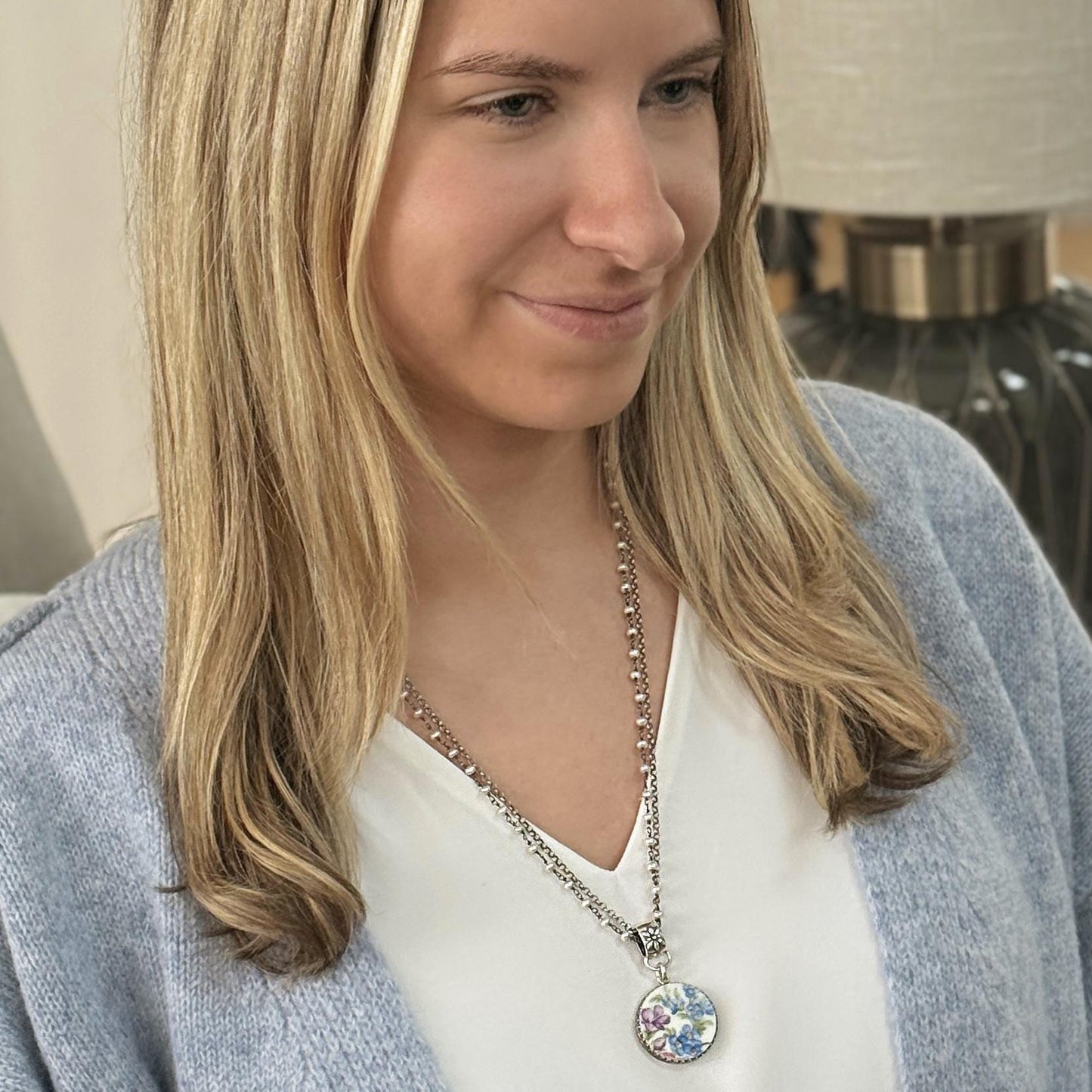 Forget Me Not Flower Necklace, Sterling Silver Pearl and Porcelain Jewelry, Anniversary Gifts for Wife