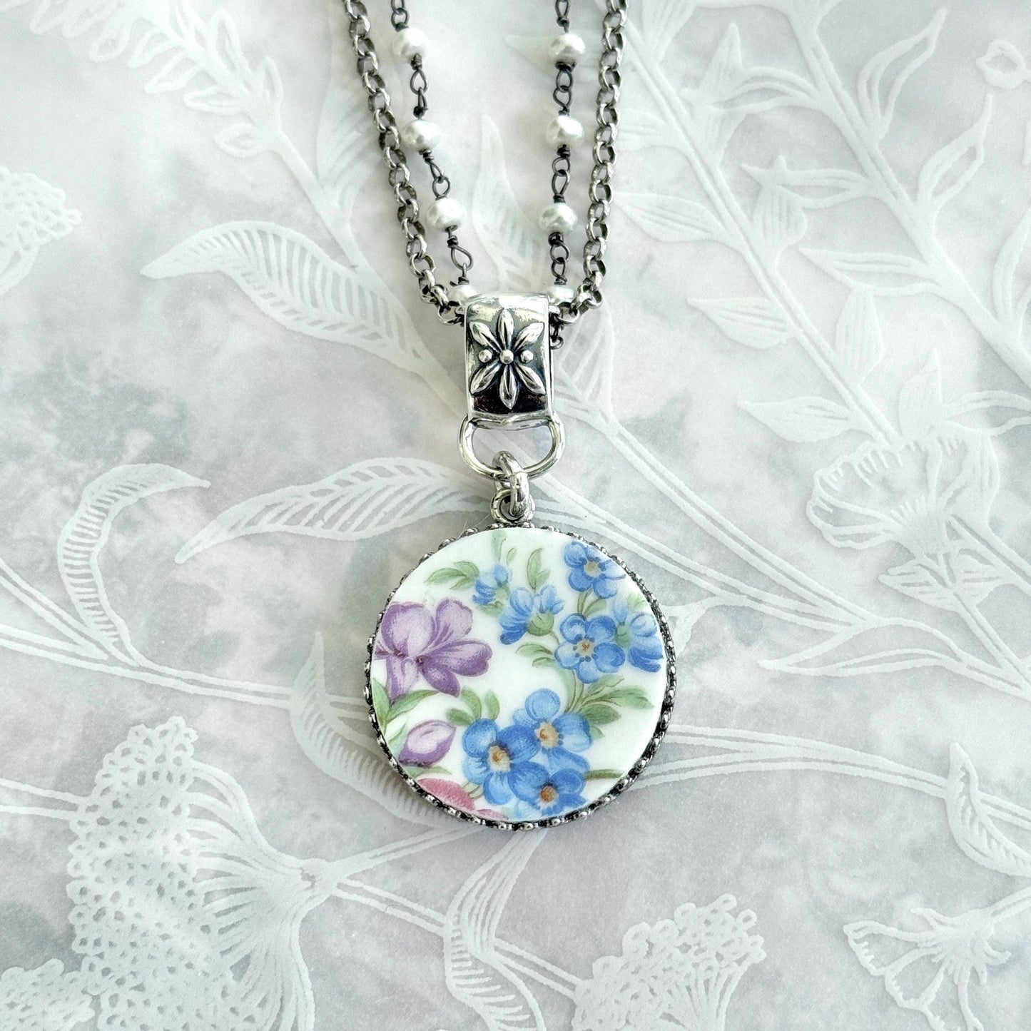 Forget Me Not Flower Necklace, Sterling Silver Pearl and Porcelain Jewelry, Anniversary Gifts for Wife
