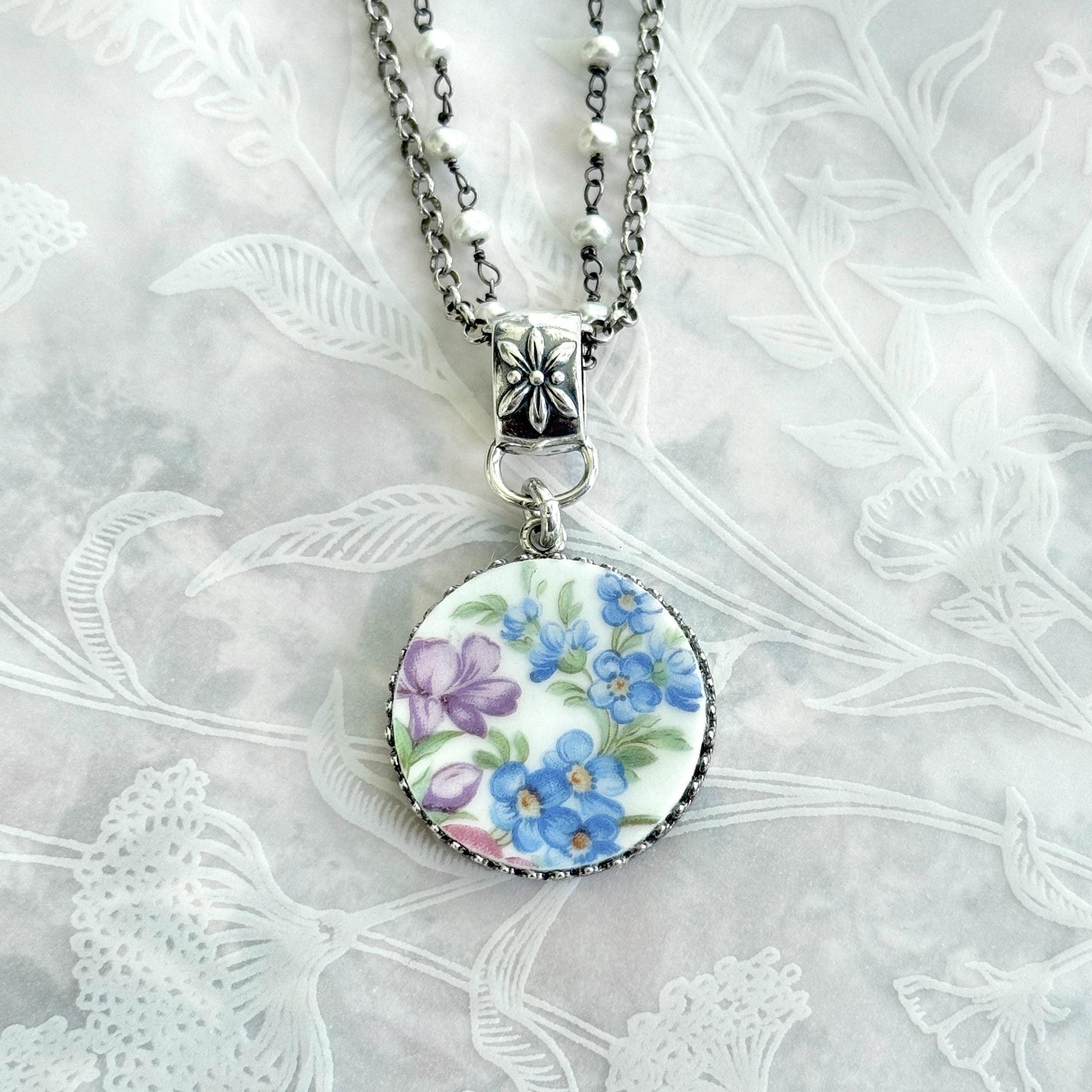 Forget Me Not Flower Necklace, Sterling Silver Pearl and Porcelain Jewelry, Anniversary Gifts for Wife