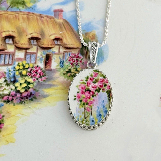 Cottagecore Necklace, Roses on Irish Cottage Fence, Sterling Silver, Repurposed Vintage China Jewelry Gifts for Her