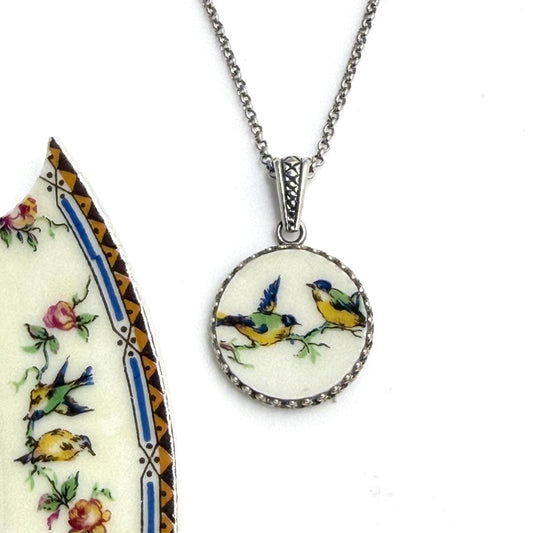 Adjustable Love Birds Necklace, Vintage Broken China Jewelry, Handmade 20th Anniversary Gift for Wife