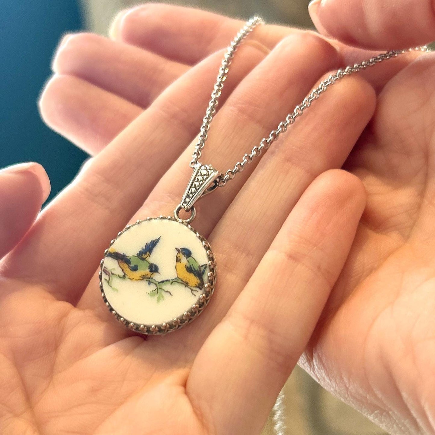 Adjustable Love Birds Necklace, Vintage Broken China Jewelry, Handmade 20th Anniversary Gift for Wife