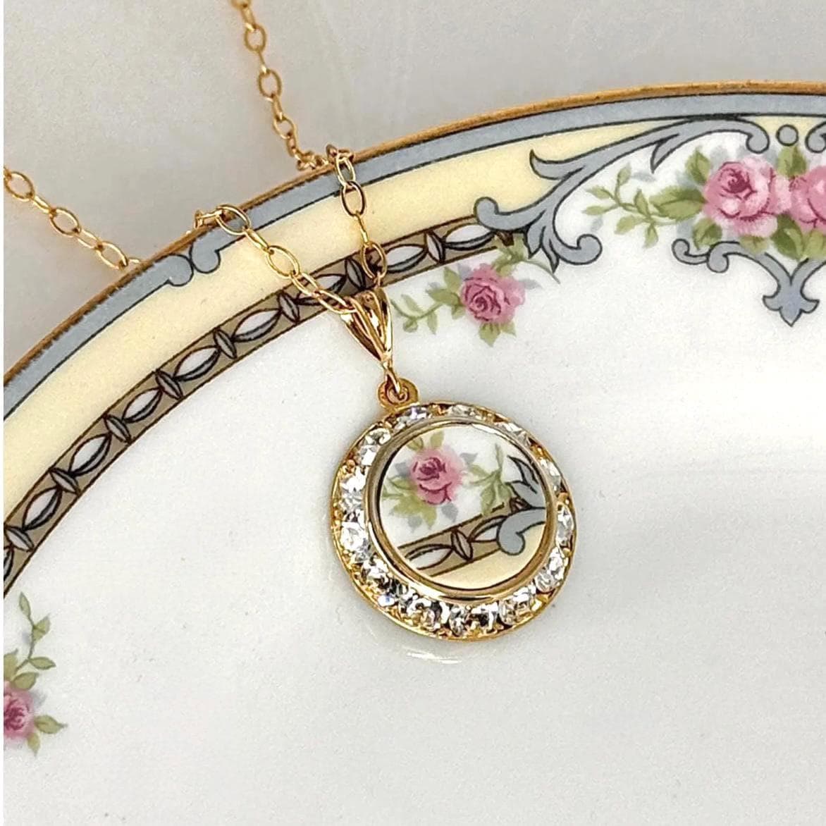 Victorian Rose Porcelain Necklace, 18th Wedding Anniversary Gift for Wife, Gold Broken China Jewelry