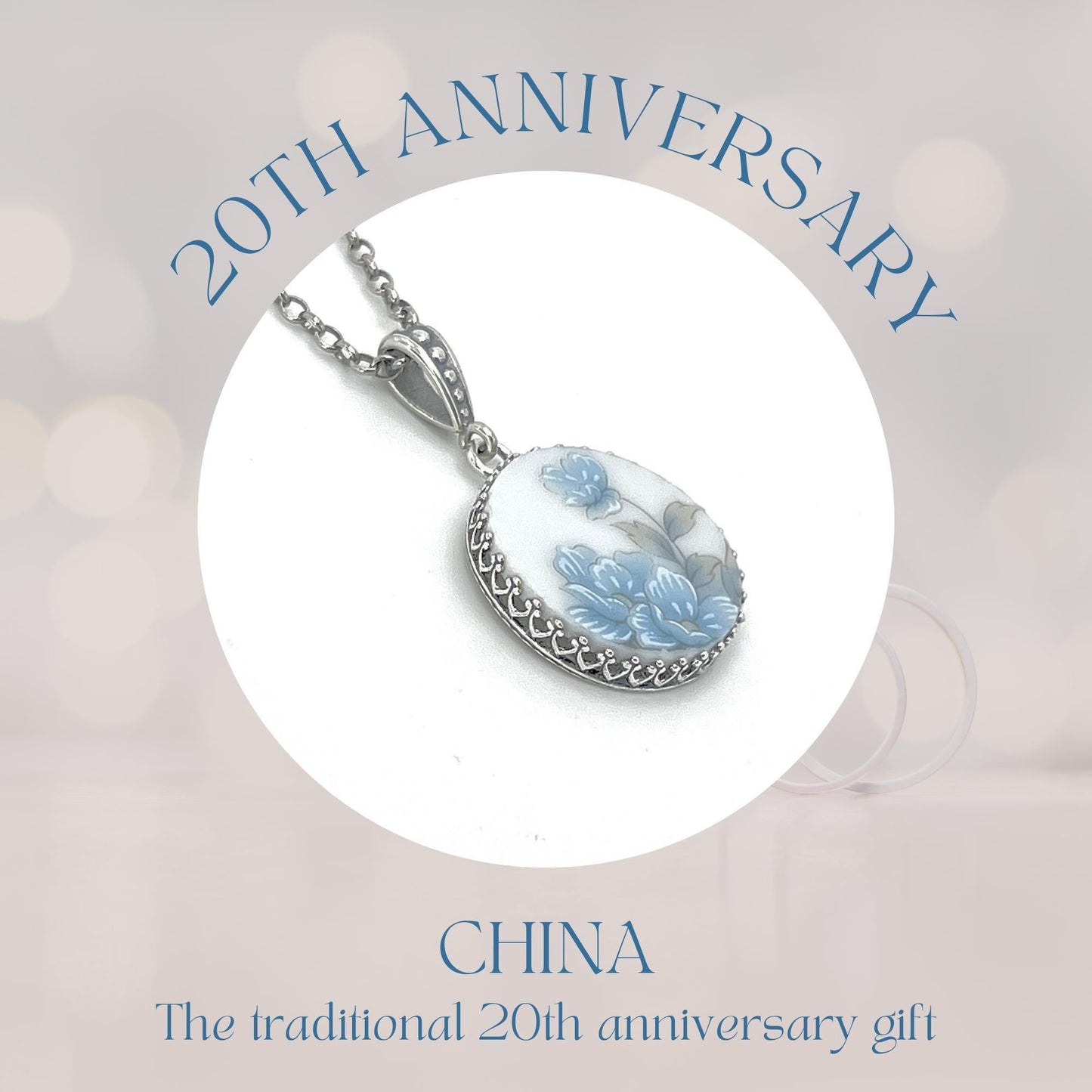 Blue Flower Necklace, Sterling Silver Japanese Porcelain, Broken China Jewelry, 20th Anniversary Gift for Wife