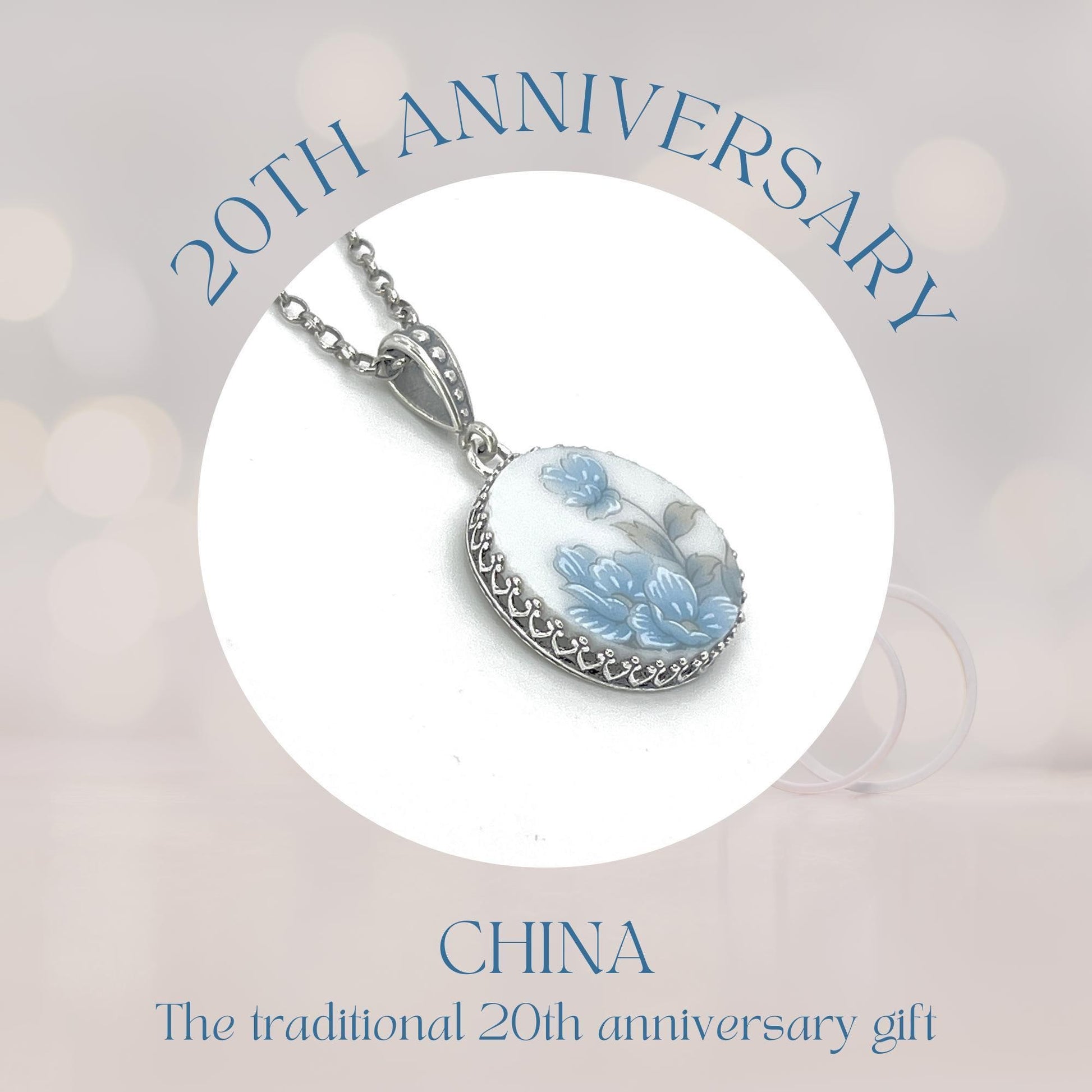 Blue Flower Necklace, Sterling Silver Japanese Porcelain, Broken China Jewelry, 20th Anniversary Gift for Wife