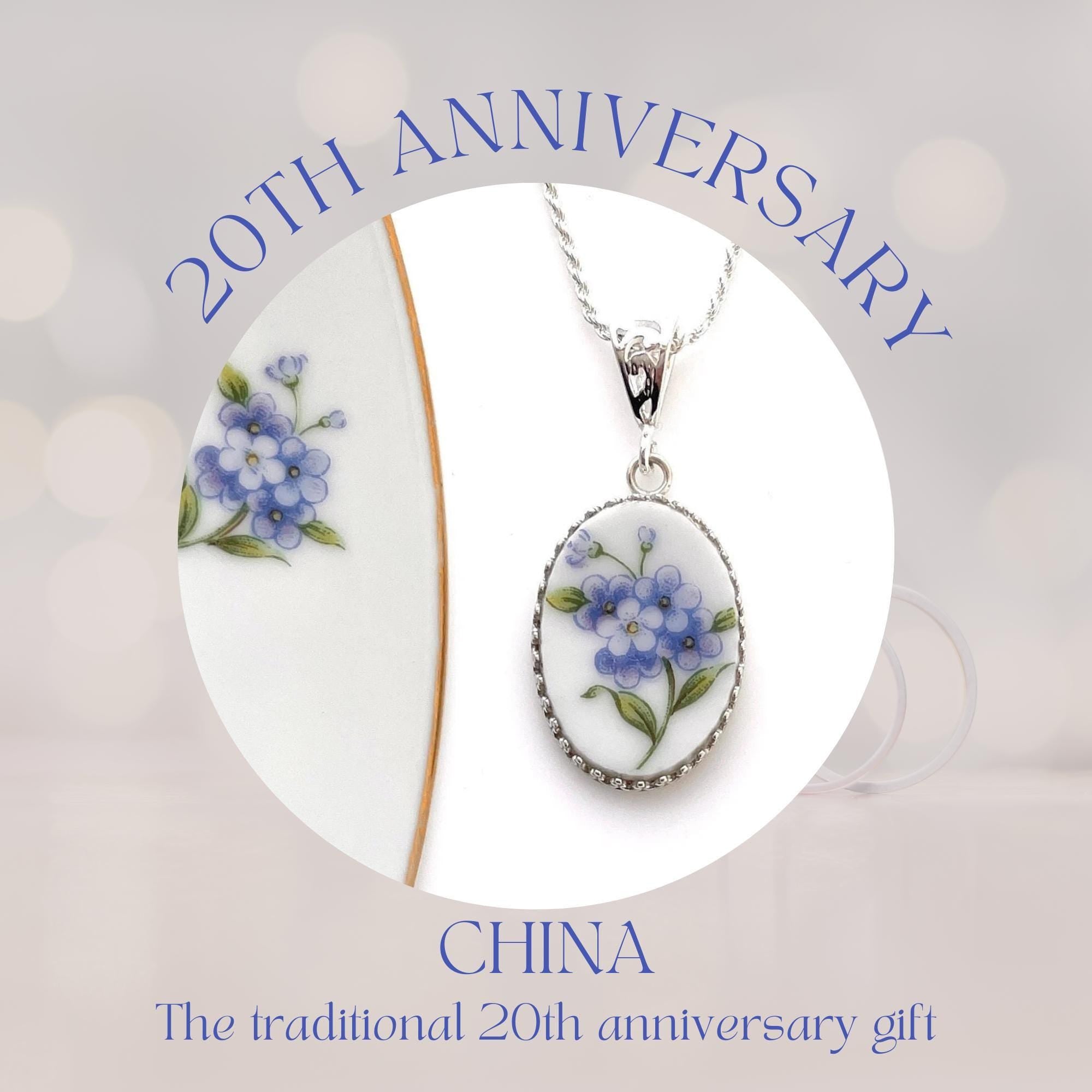 Broken China Jewelry, Forget Me Not Flower Necklace, Vintage China
