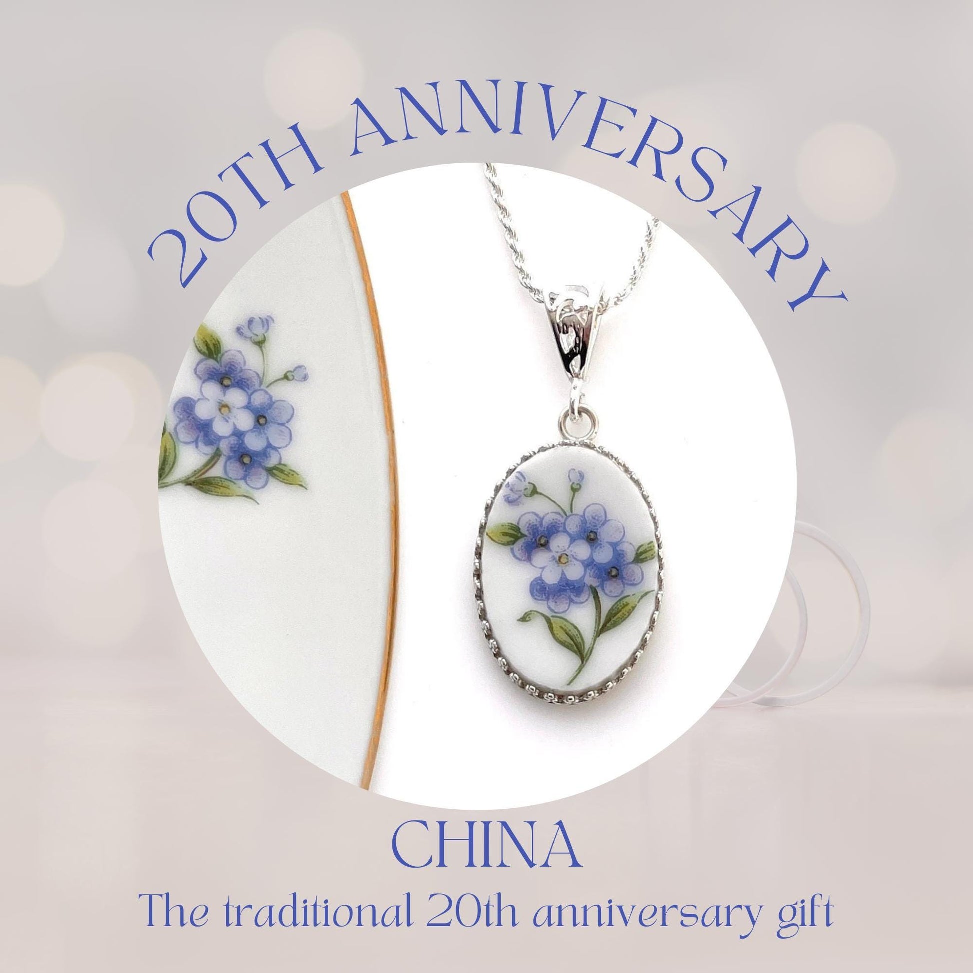 Broken China Jewelry, Forget Me Not Flower Necklace, Vintage China Necklace, 20th Anniversary Gift for Wife, Repurposed Jewelry