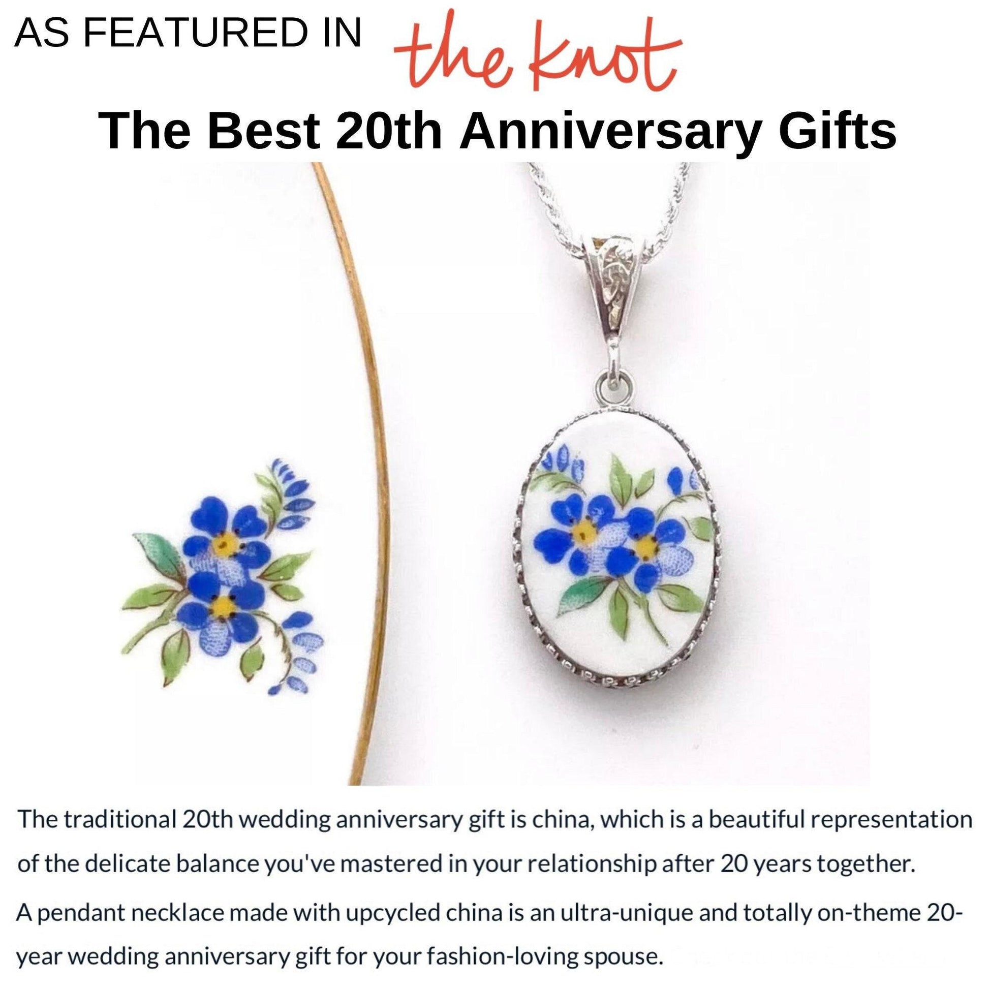 Broken China Jewelry, Forget Me Not Flower Necklace, Vintage China Necklace, 20th Anniversary Gift for Wife, Repurposed Jewelry