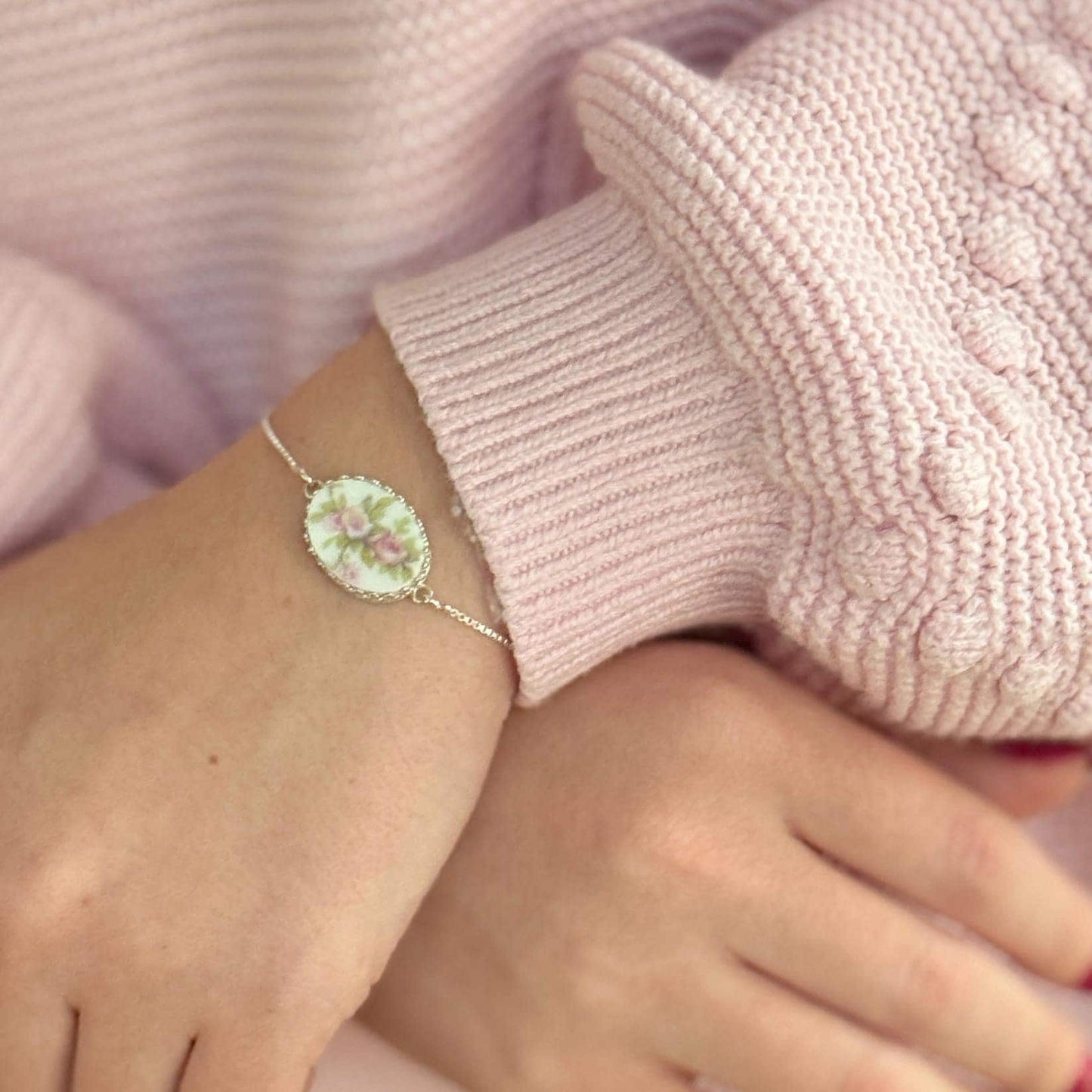 Antique French Porcelain, 18th Wedding Anniversary Gift for Wife, Dainty Adjustable Sterling Silver Bracelet