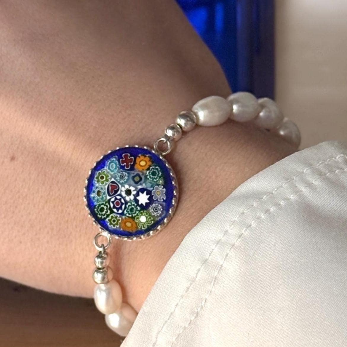 Statement Pearl Bracelet, Italian Millefiori Art Glass, Cobalt Blue Jewelry