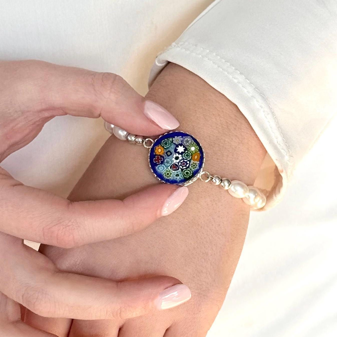 Statement Pearl Bracelet, Italian Millefiori Art Glass, Cobalt Blue Jewelry
