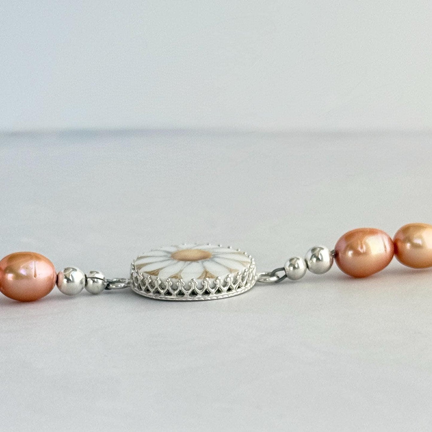 Antique Daisy Button Bracelet, Hand Painted Porcelain Jewelry, 18th Anniversary Gift for Wife, Peach Pearl Spring Bracelet