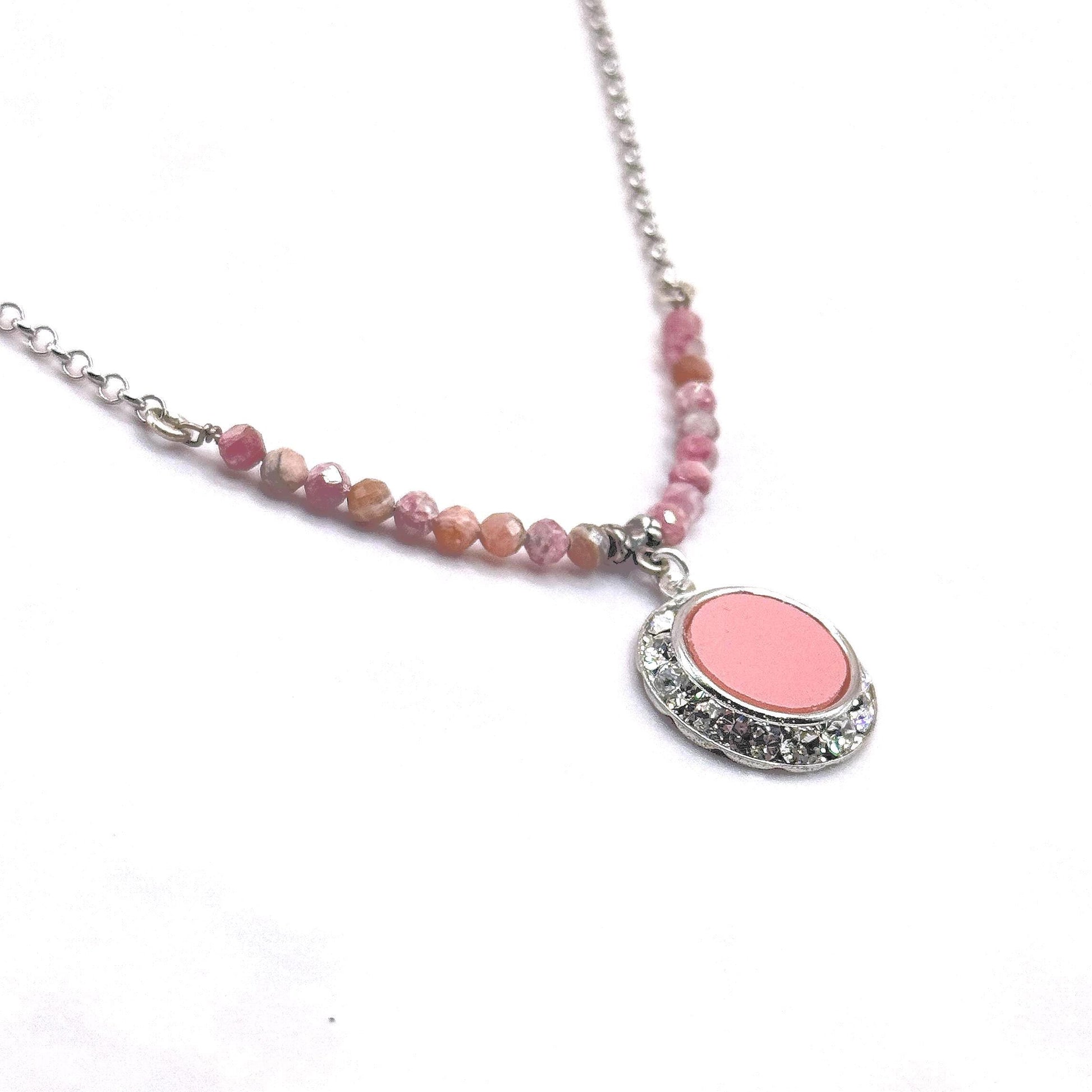 One-of-a-Kind Pink Opal and Vintage Pyrex Necklace, Pink Gooseberry Pattern, Mid Century Modern Gifts for Her, Crystal Jewelry